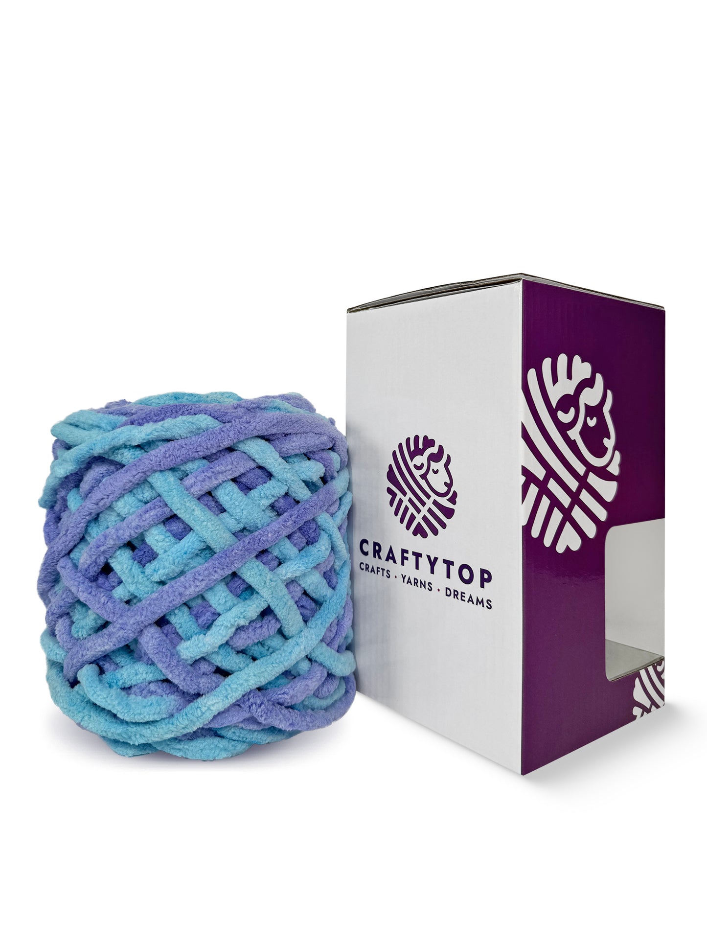 Craftytop Sky & Sea, a blue multicolor chenille yarn skein outside the box, showcasing its thick and velvety fibers for knitting