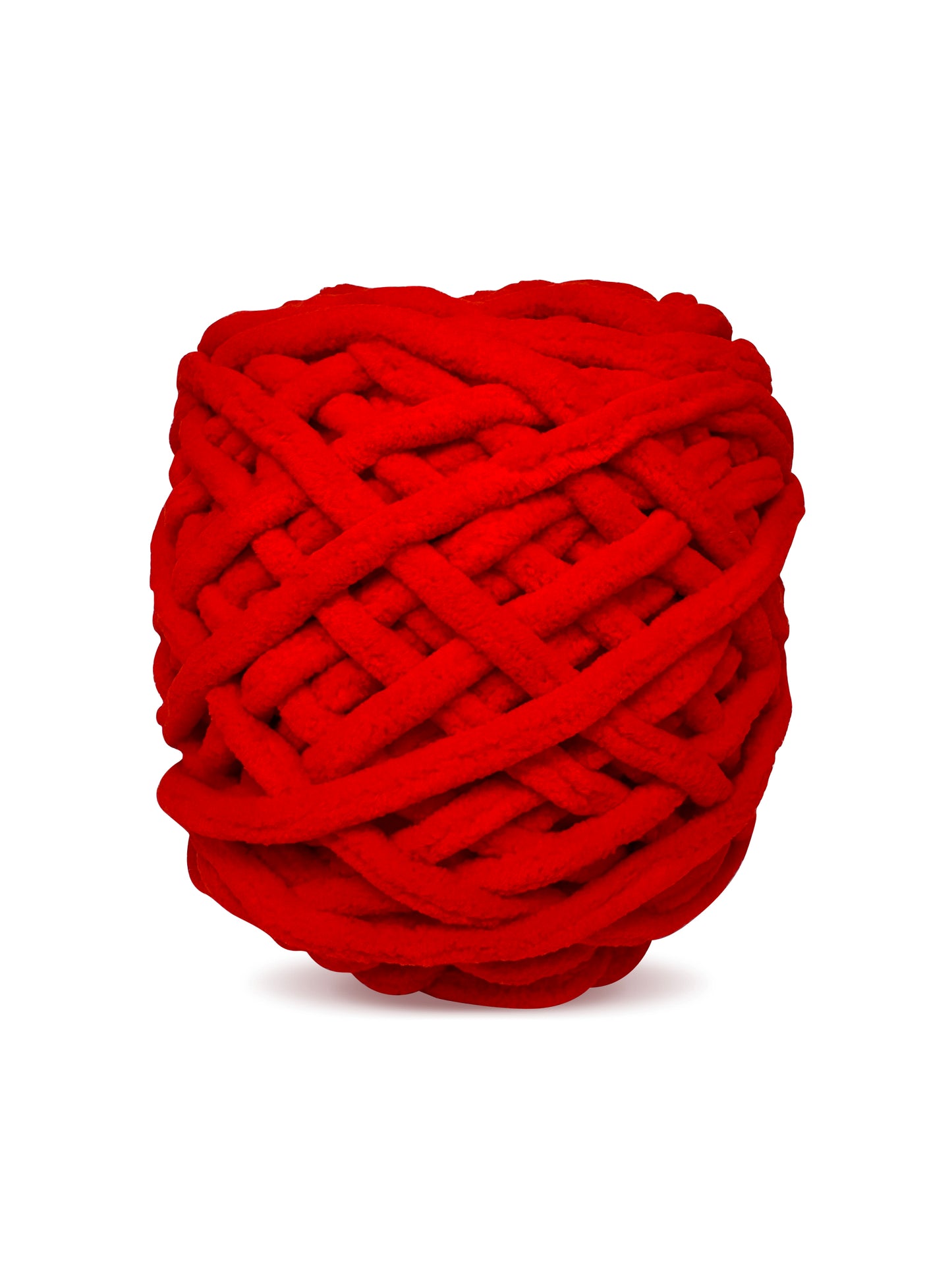 Close-up of Craftytop Red Kiss, a bright red chenille yarn skein, highlighting its soft texture and plush fibers