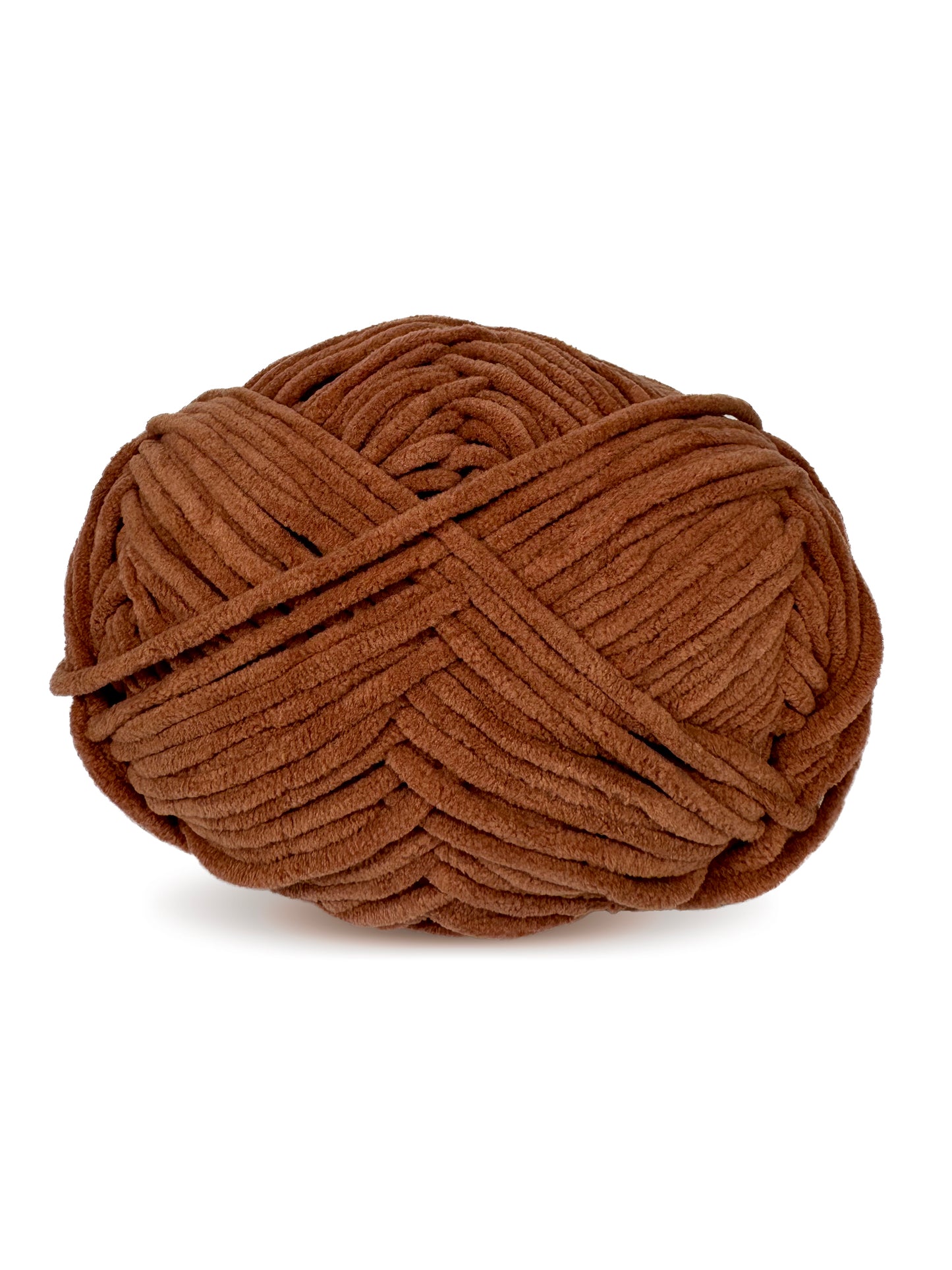 Close-up of the Craftytop velvet yarn in Walnut Shine color, showcasing its luxurious and plush brown texture