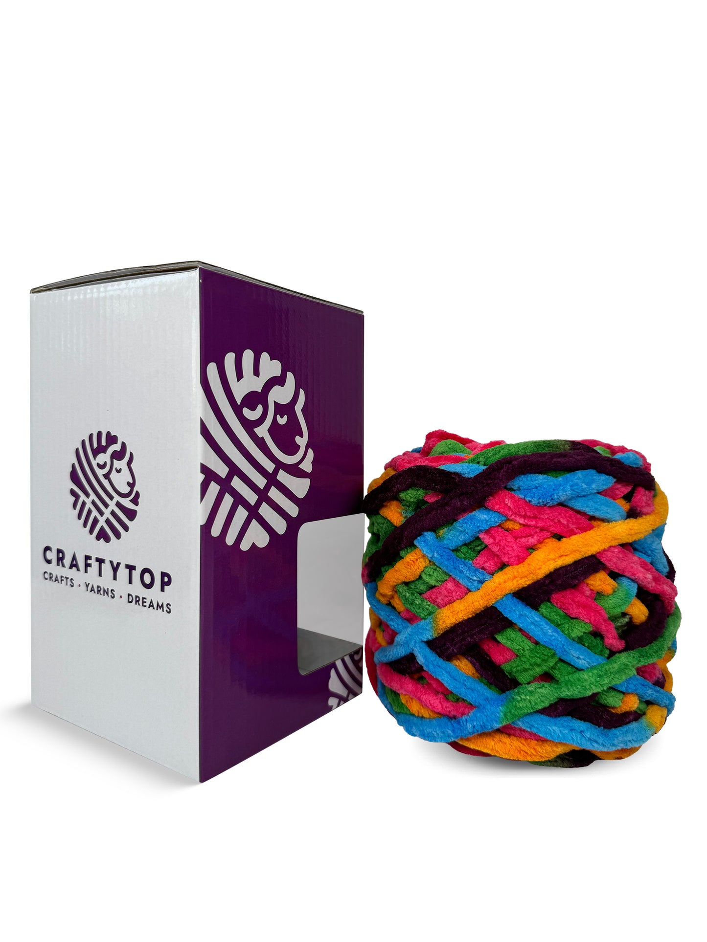 Sunrise Temptation, a multicolor chenille yarn skein by Craftytop displayed outside the packaging, suitable for crafting blankets and scarves
