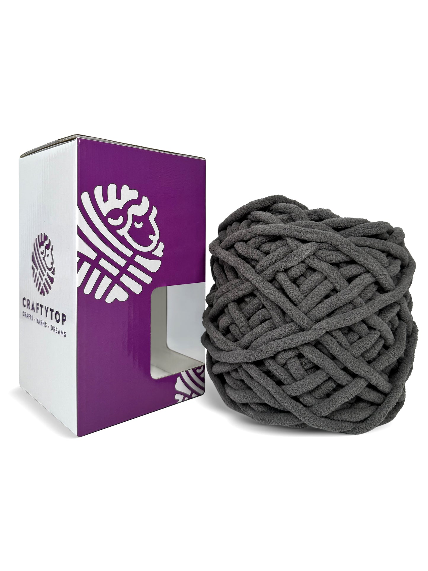 Platinum Promise, a shiny gray chenille yarn skein by Craftytop displayed outside the packaging, suitable for crafting blankets and scarves
