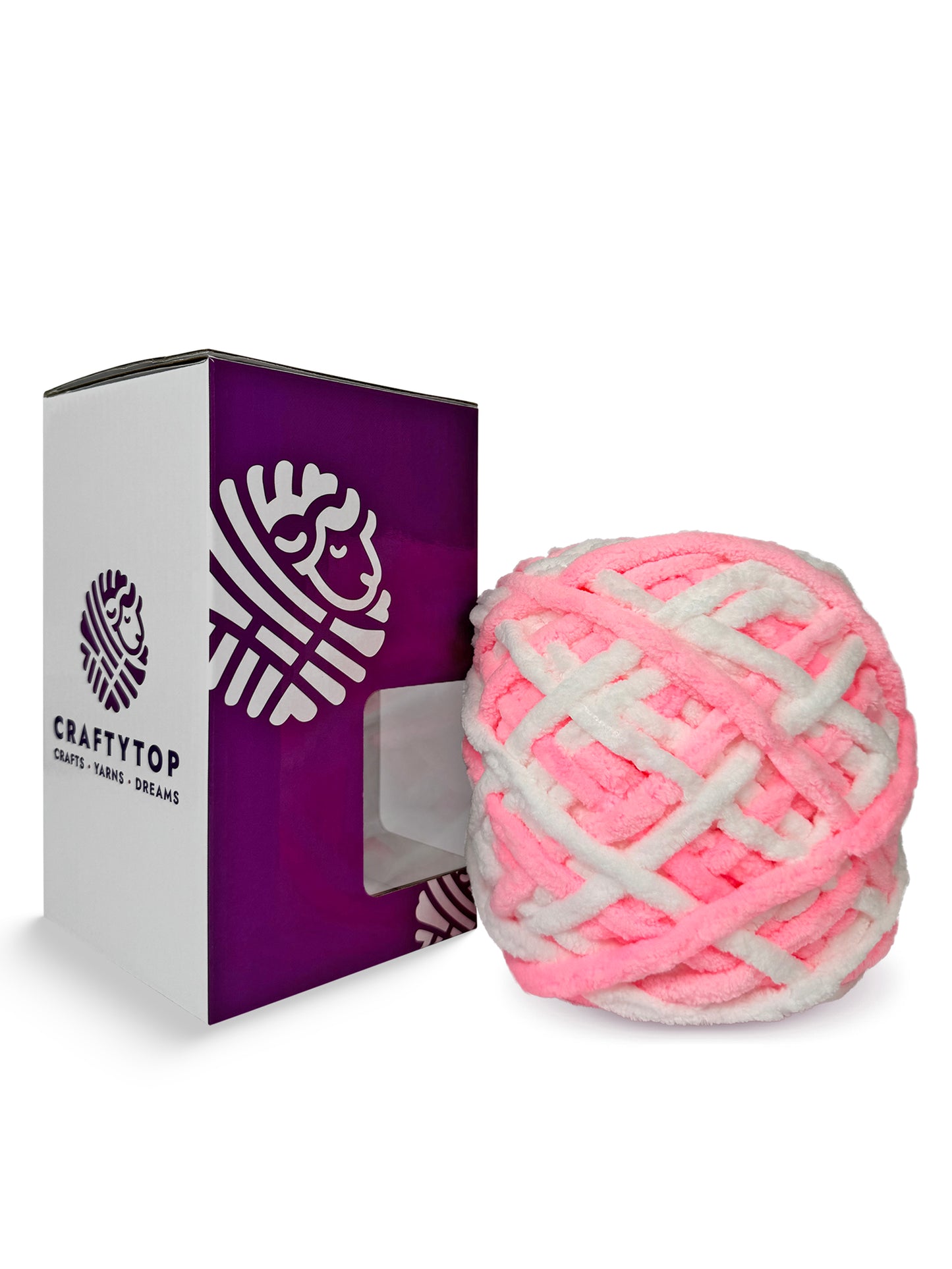 Cotton Candy, a cotton candy pink chenille yarn skein by Craftytop displayed outside the packaging, suitable for crafting blankets and scarves