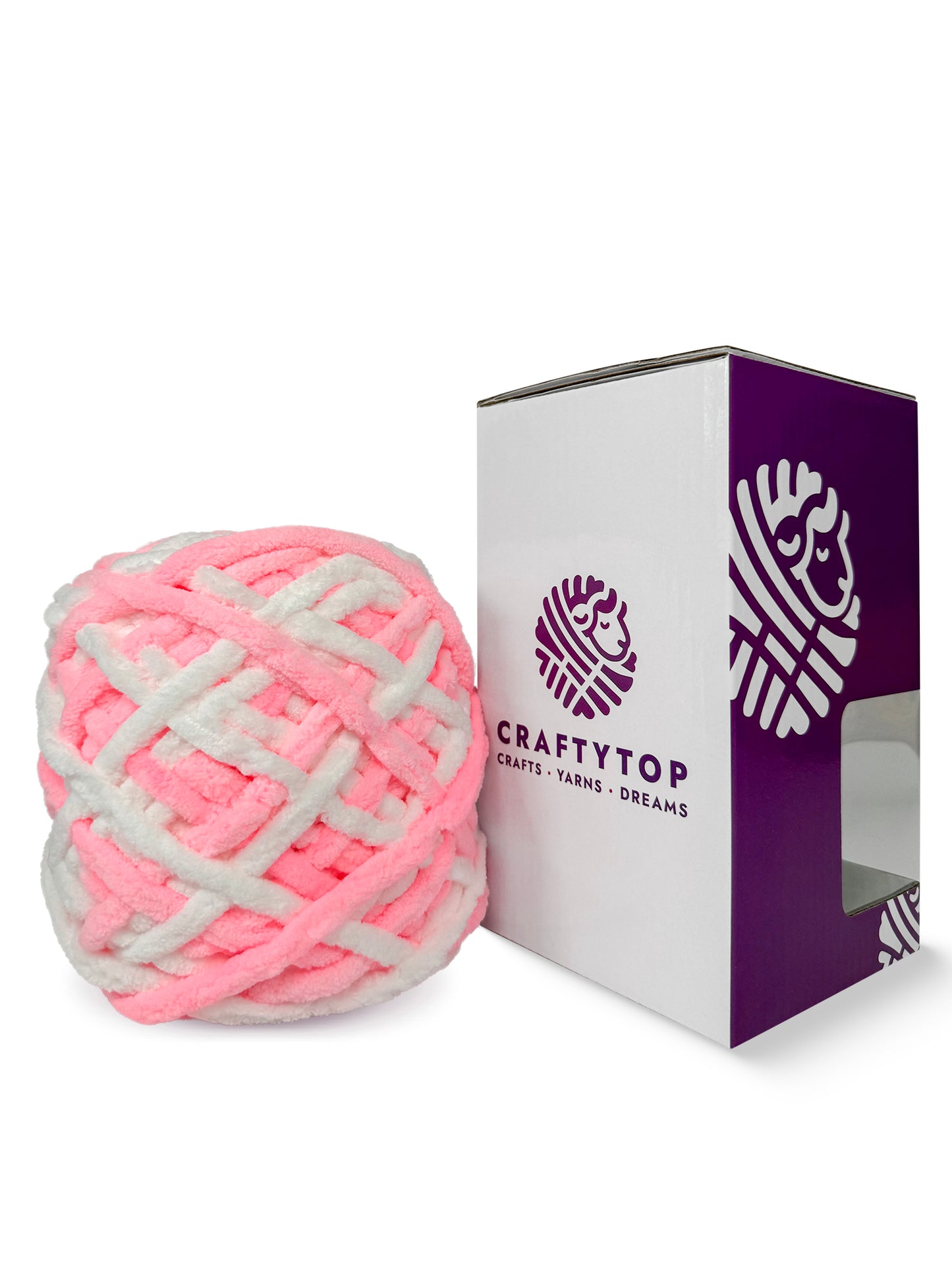Craftytop Cotton Candy, a cotton candy pink chenille yarn skein outside the box, showcasing its thick and velvety fibers for knitting