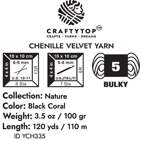 The product label for Craftytop velvet yarn in Black Coral color, showing detailed product information like weight and care instructions