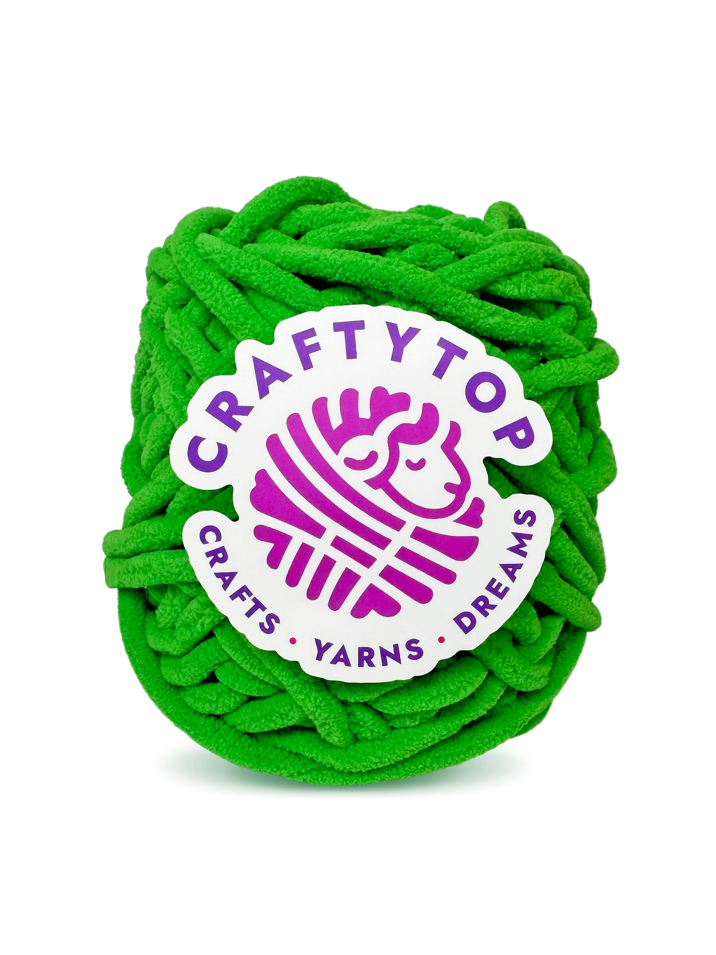 Craftytop super bulky chenille yarn skein in Green Spring Touch, a fresh green yarn with a label, ideal for knitting and crochet projects