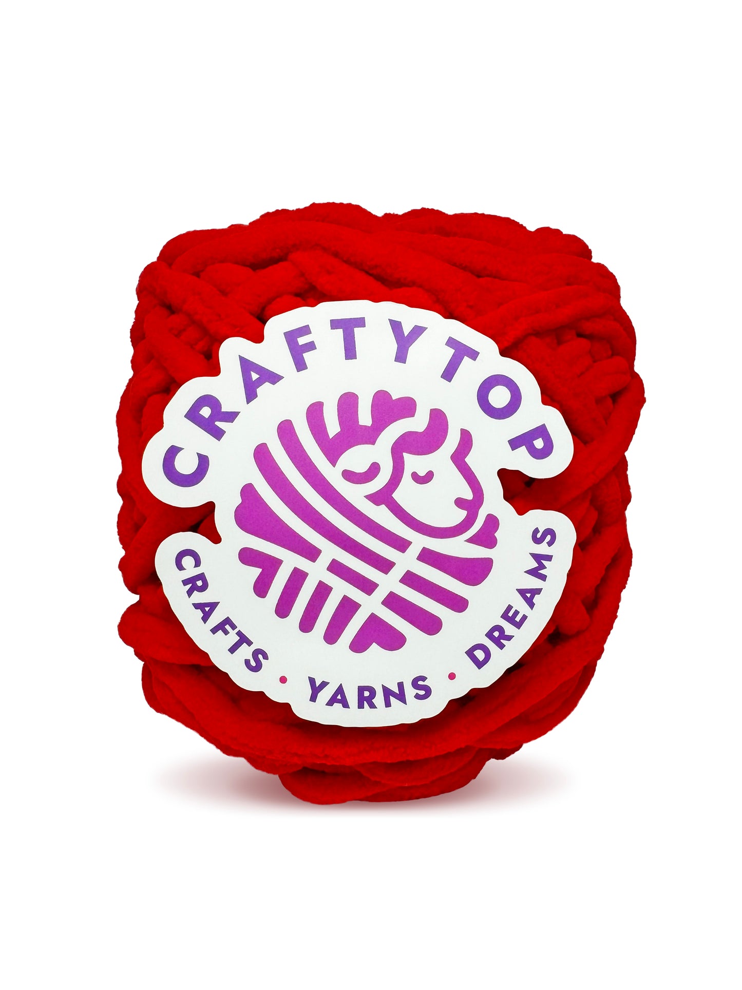 Craftytop super bulky chenille yarn skein in Red Kiss, a bright red yarn with a label, ideal for knitting and crochet projects