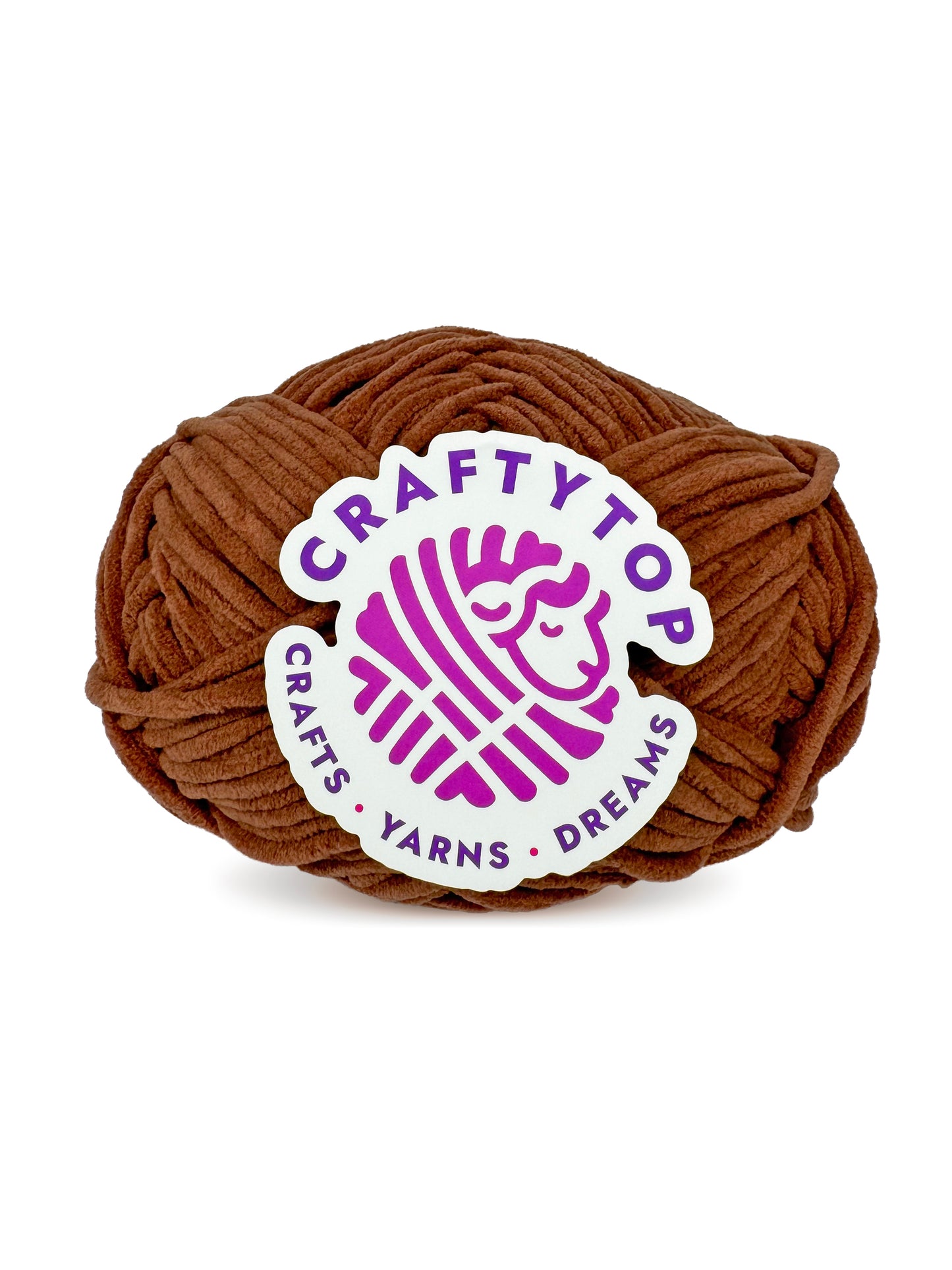 Craftytop velvet yarn skein in Walnut Shine color, a soft brown yarn with a label, perfect for knitting and crochet projects