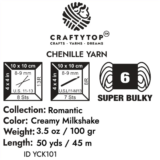 Craftytop Creamy Milkshake Super Bulky Chenille Yarn - soft creamy white yarn ideal for knitting, crochet, with weight, length, and care info.