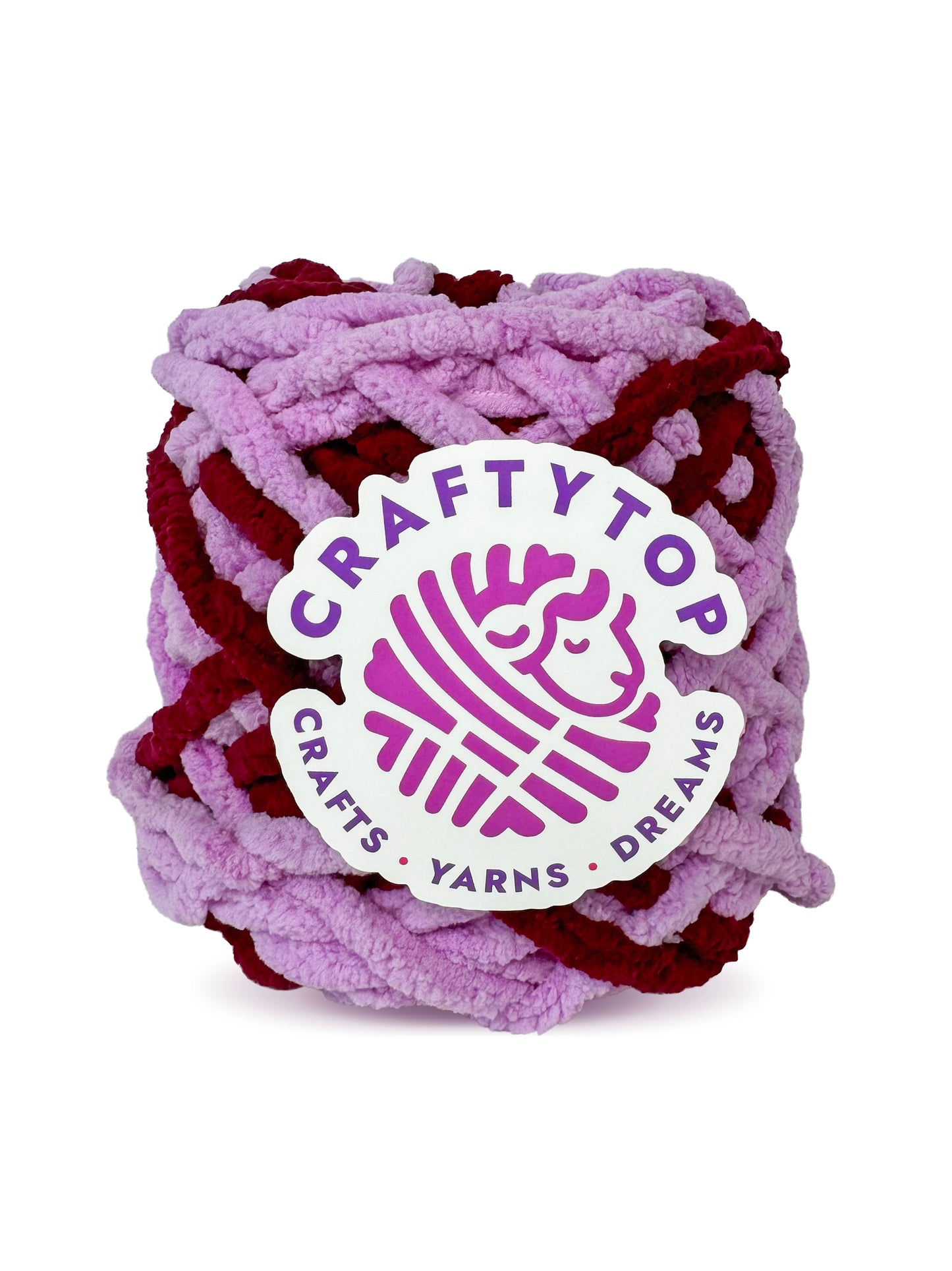 Craftytop super bulky chenille yarn skein in Cherry Blossom, a blush cherry purple yarn with a label, ideal for knitting and crochet projects