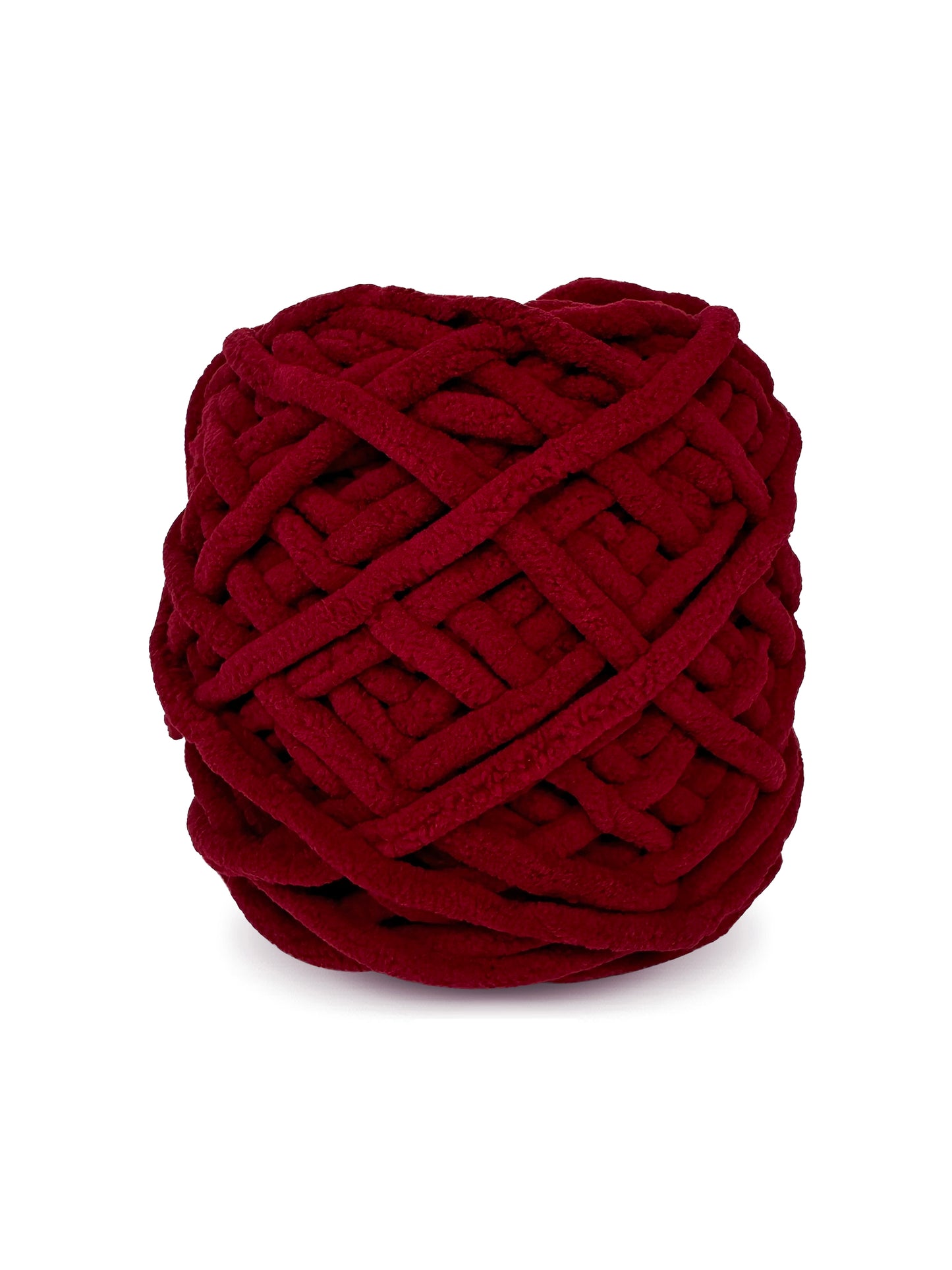 Close-up of Craftytop Ruby Romance, a romantic ruby red chenille yarn skein, highlighting its soft texture and plush fibers
