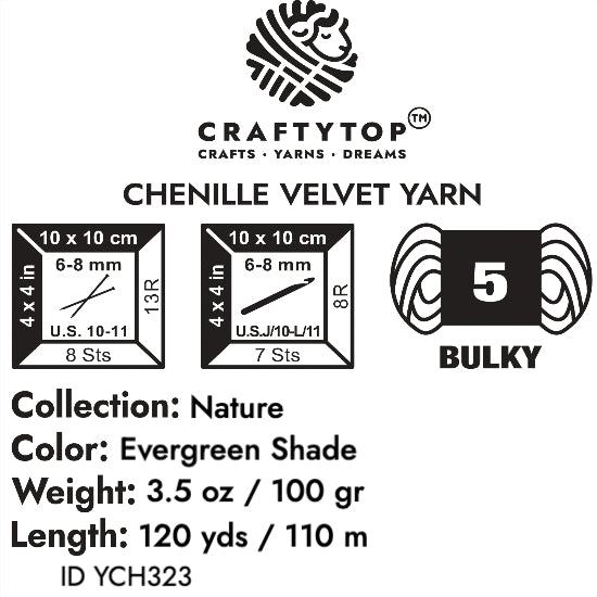 The product label for Craftytop velvet yarn in Evergreen Shade color, showing detailed product information like weight and care instructions