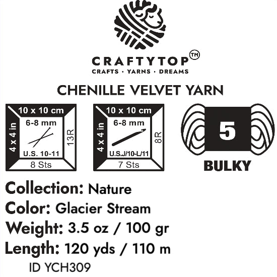 The product label for Craftytop velvet yarn in Glacier Stream color, showing detailed product information like weight and care instructions