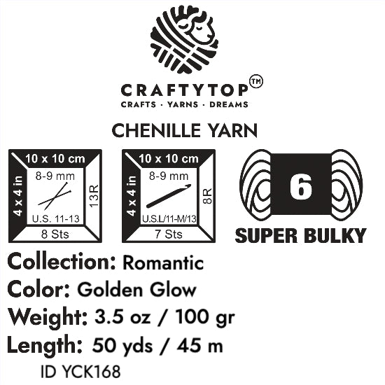 Craftytop Golden Glow Super Bulky Chenille Yarn - golden yellow yarn ideal for knitting, crochet, with weight, length, and care info.