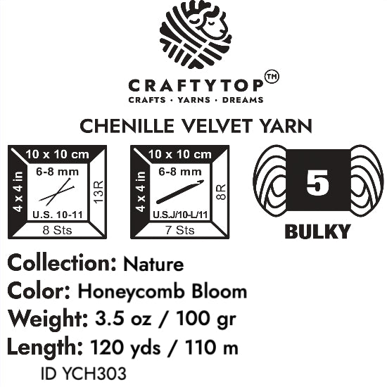 The product label for Craftytop velvet yarn in Honeycomb Bloom color, showing detailed product information like weight and care instructions
