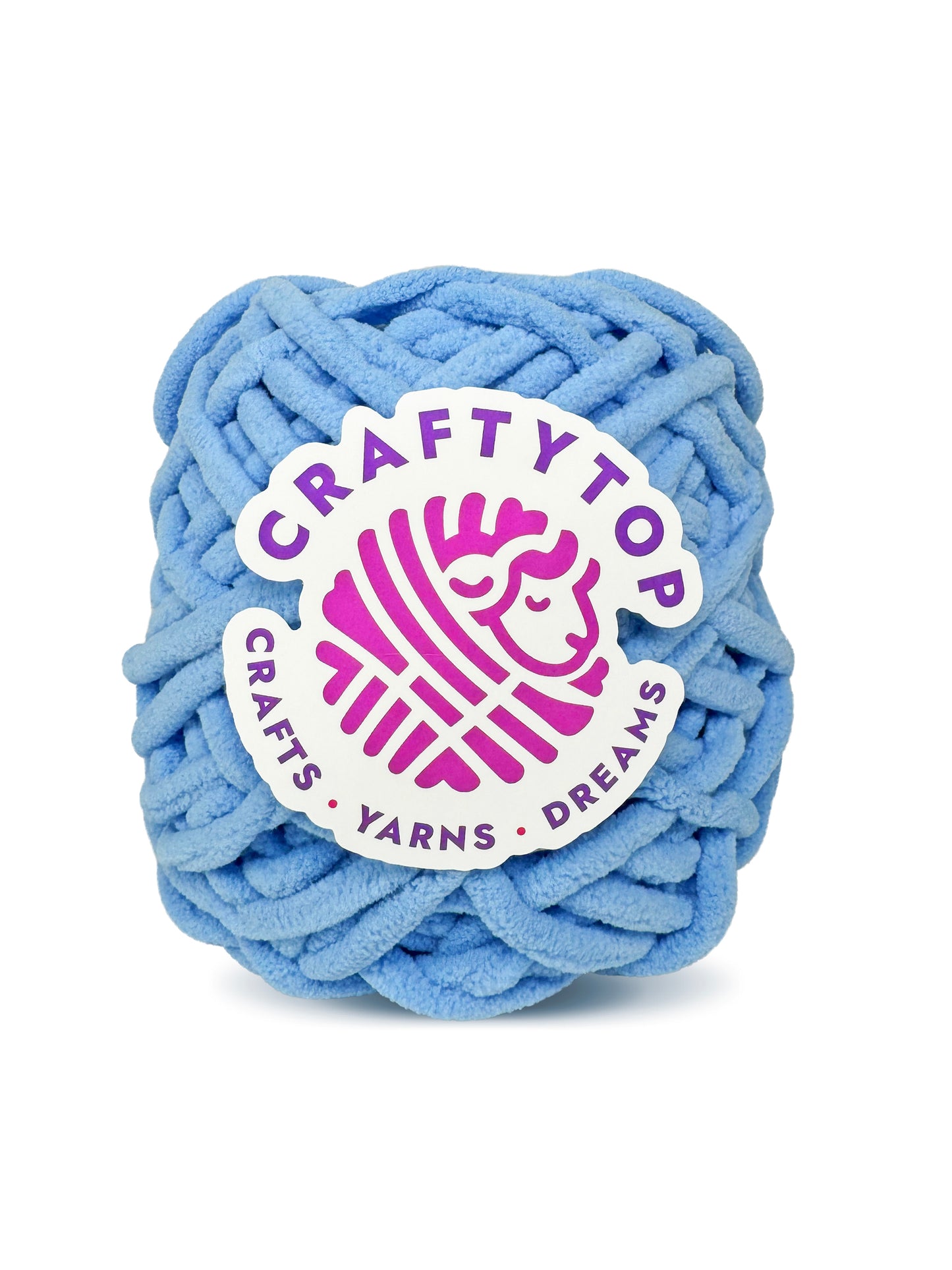 Craftytop super bulky chenille yarn skein in Ice Blue Tenderness, a tender ice blue yarn with a label, ideal for knitting and crochet projects