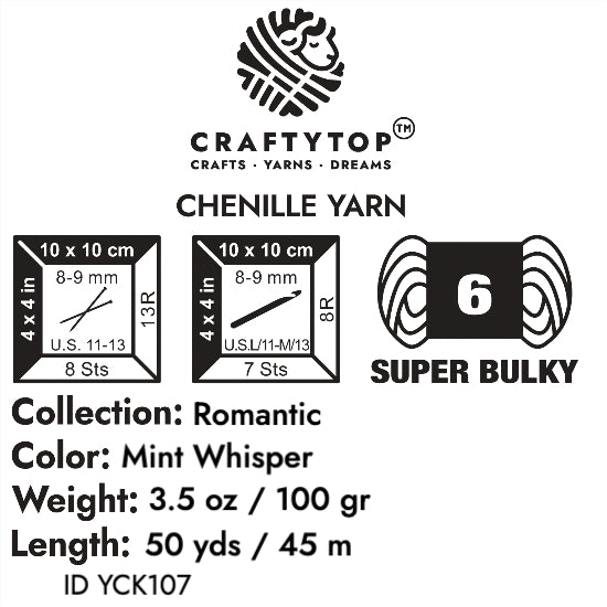 Craftytop Mint Whisper Super Bulky Chenille Yarn - soft mint green yarn perfect for knitting, crochet, with weight, length, and care info.