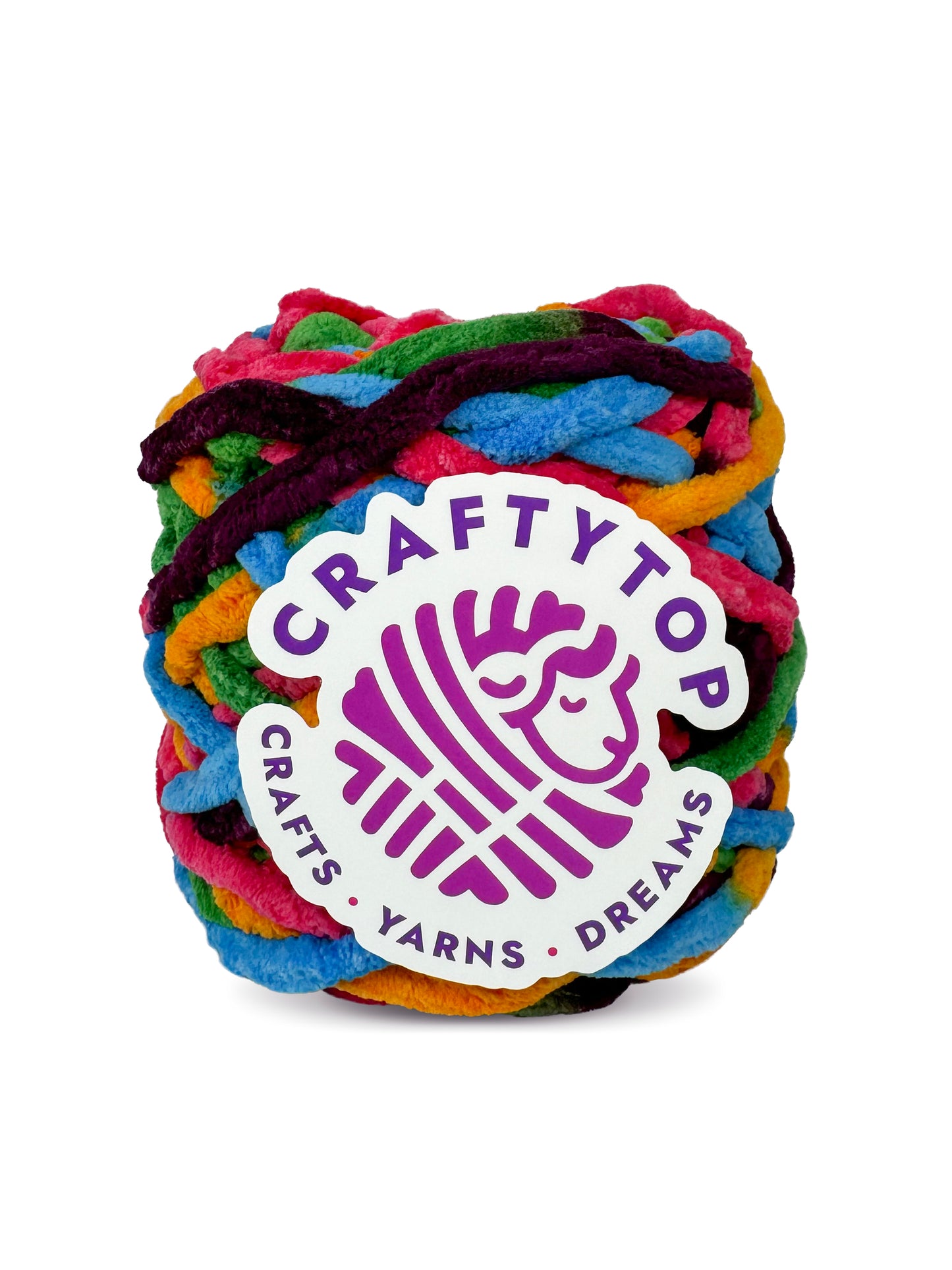 Craftytop super bulky chenille yarn skein in Sunrise Temptation, a tempting sunrise multicolor yarn with a label, ideal for knitting and crochet projects