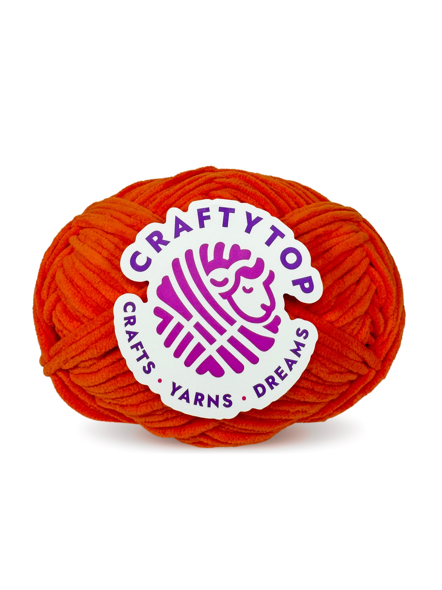 Craftytop velvet yarn skein in Pumpkin Patch color, a soft orange yarn with a label, perfect for knitting and crochet projects