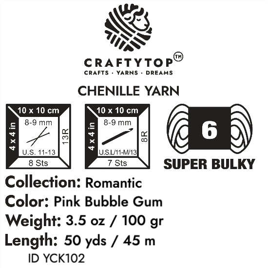 Craftytop Pink Bubble Gum Super Bulky Chenille Yarn - bright pink yarn perfect for knitting, crochet, with weight, length, and care info.