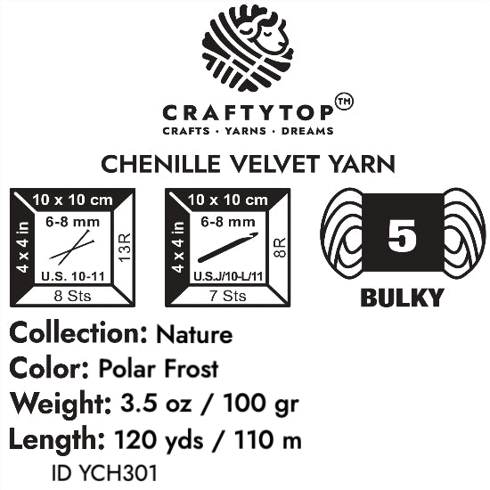 The product label for Craftytop velvet yarn in Polar Frost color, showing detailed product information like weight and care instructions