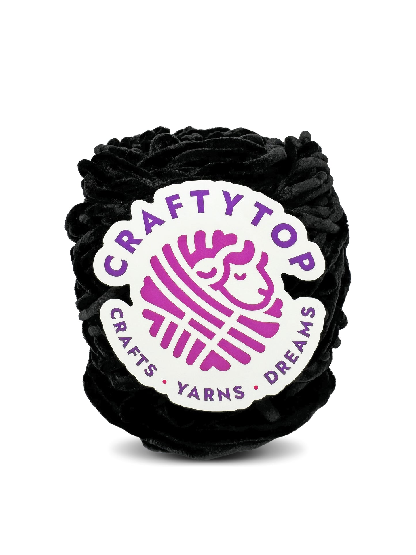 Craftytop black baby velvet yarn skein with label – Quantum Black