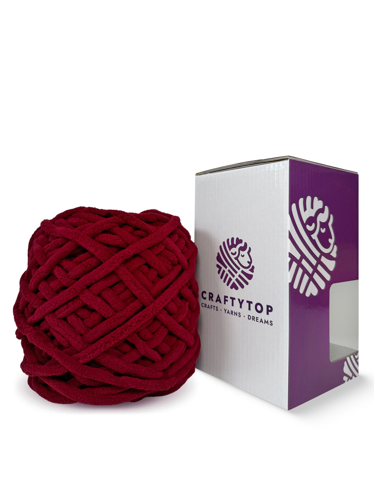 Craftytop Ruby Romance, a romantic ruby red chenille yarn skein outside the box, showcasing its thick and velvety fibers for knitting