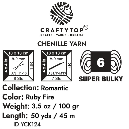 Craftytop Ruby Fire Super Bulky Chenille Yarn - fiery ruby red yarn perfect for knitting, crochet, with weight, length, and care info.