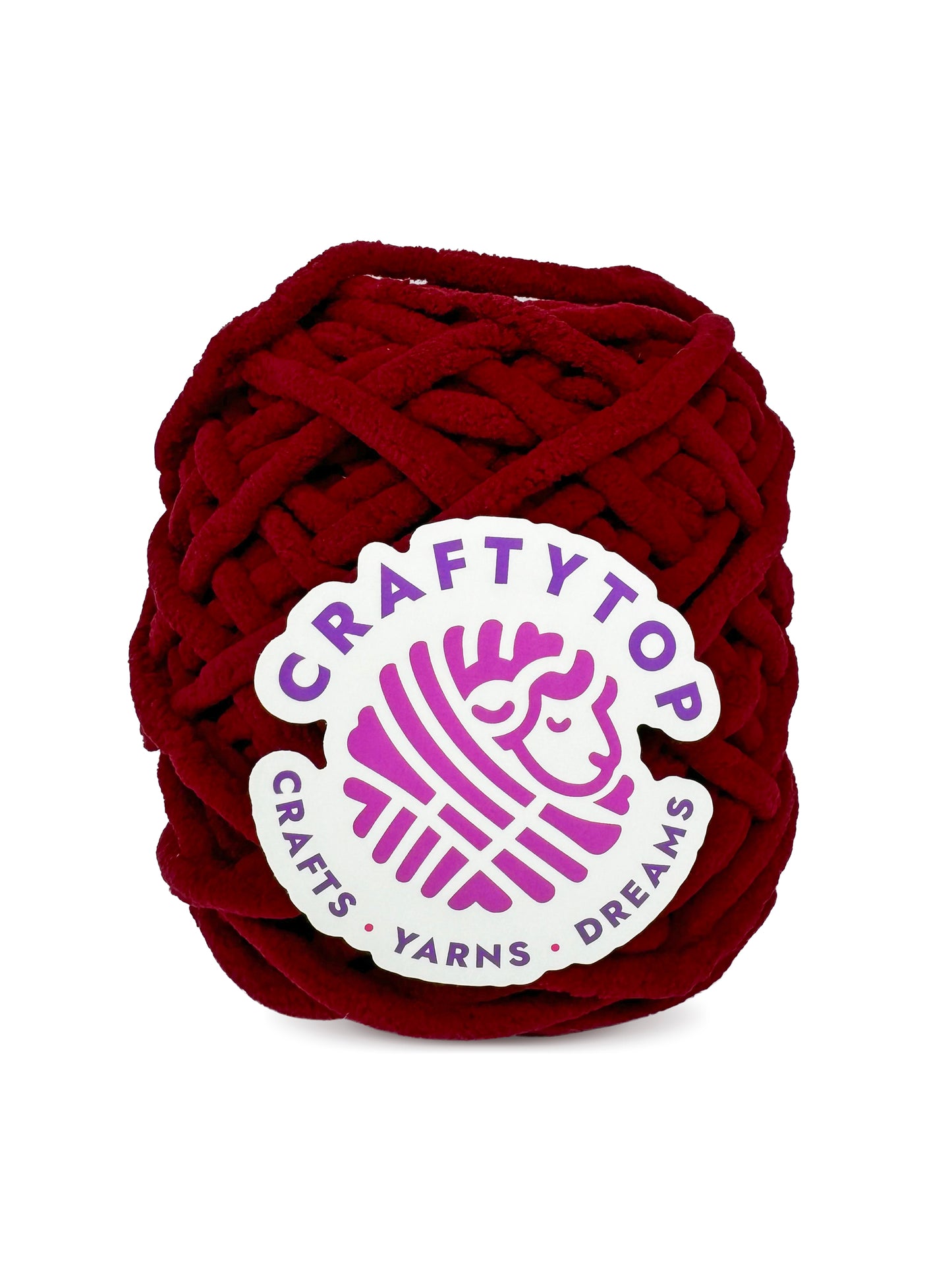 Craftytop super bulky chenille yarn skein in Ruby Romance, a romantic ruby red yarn with a label, ideal for knitting and crochet projects