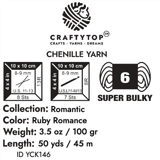 Craftytop Ruby Romance Super Bulky Chenille Yarn - romantic ruby red yarn ideal for knitting, crochet, with weight, length, and care info.