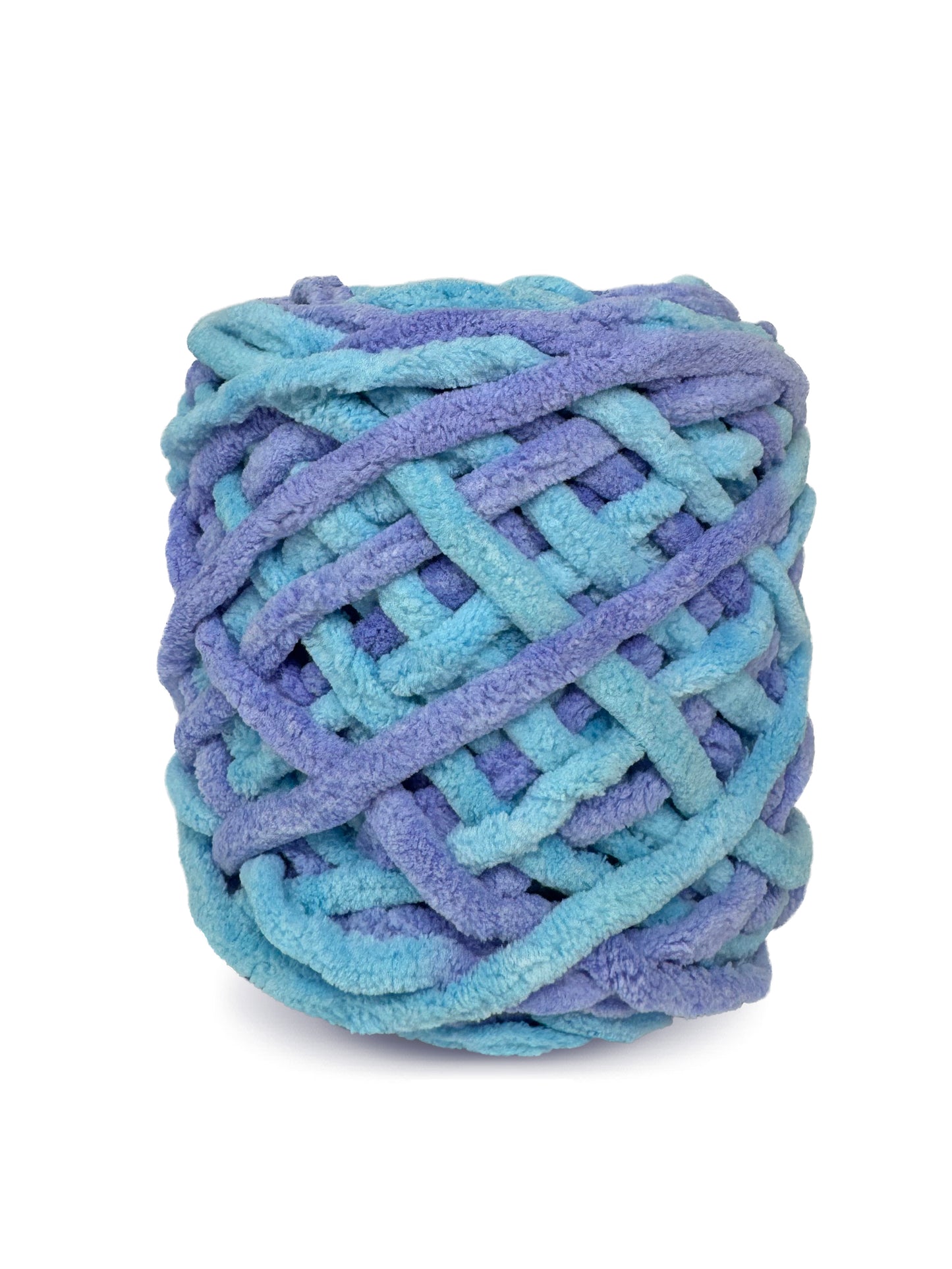 Close-up of Craftytop Sky & Sea, a blue multicolor chenille yarn skein, highlighting its soft texture and plush fibers