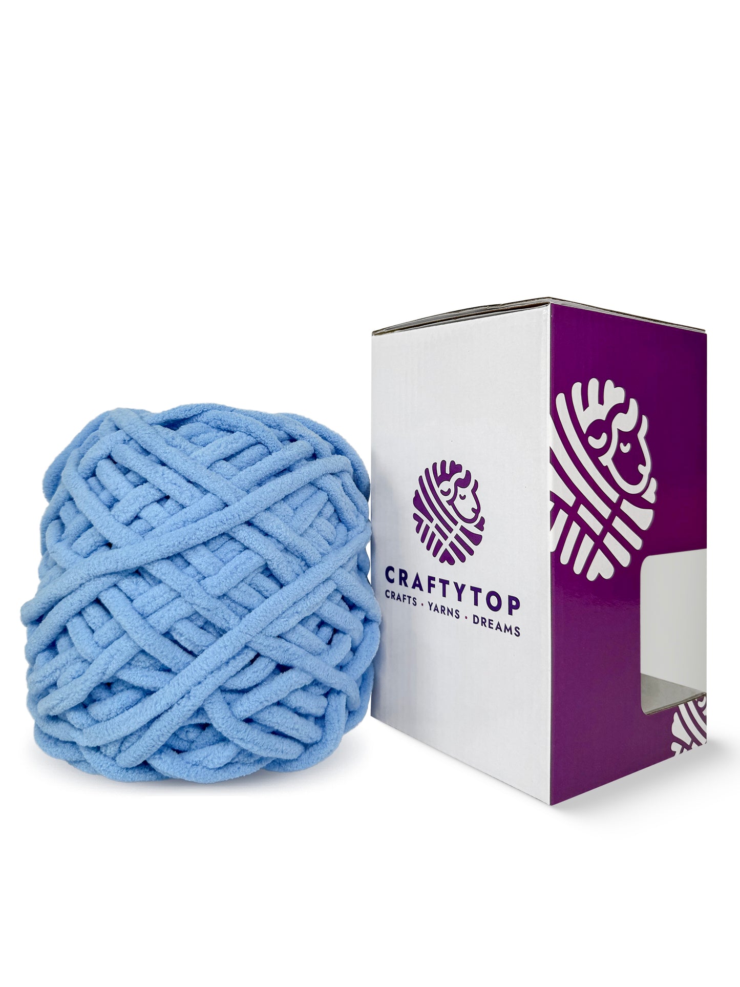 Craftytop Ice Blue Tenderness, a tender ice blue chenille yarn skein outside the box, showcasing its thick and velvety fibers for knitting