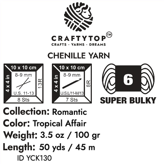 Craftytop Tropical Affair Super Bulky Chenille Yarn - tropical multicolor yarn ideal for knitting, crochet, with weight, length, and care info.