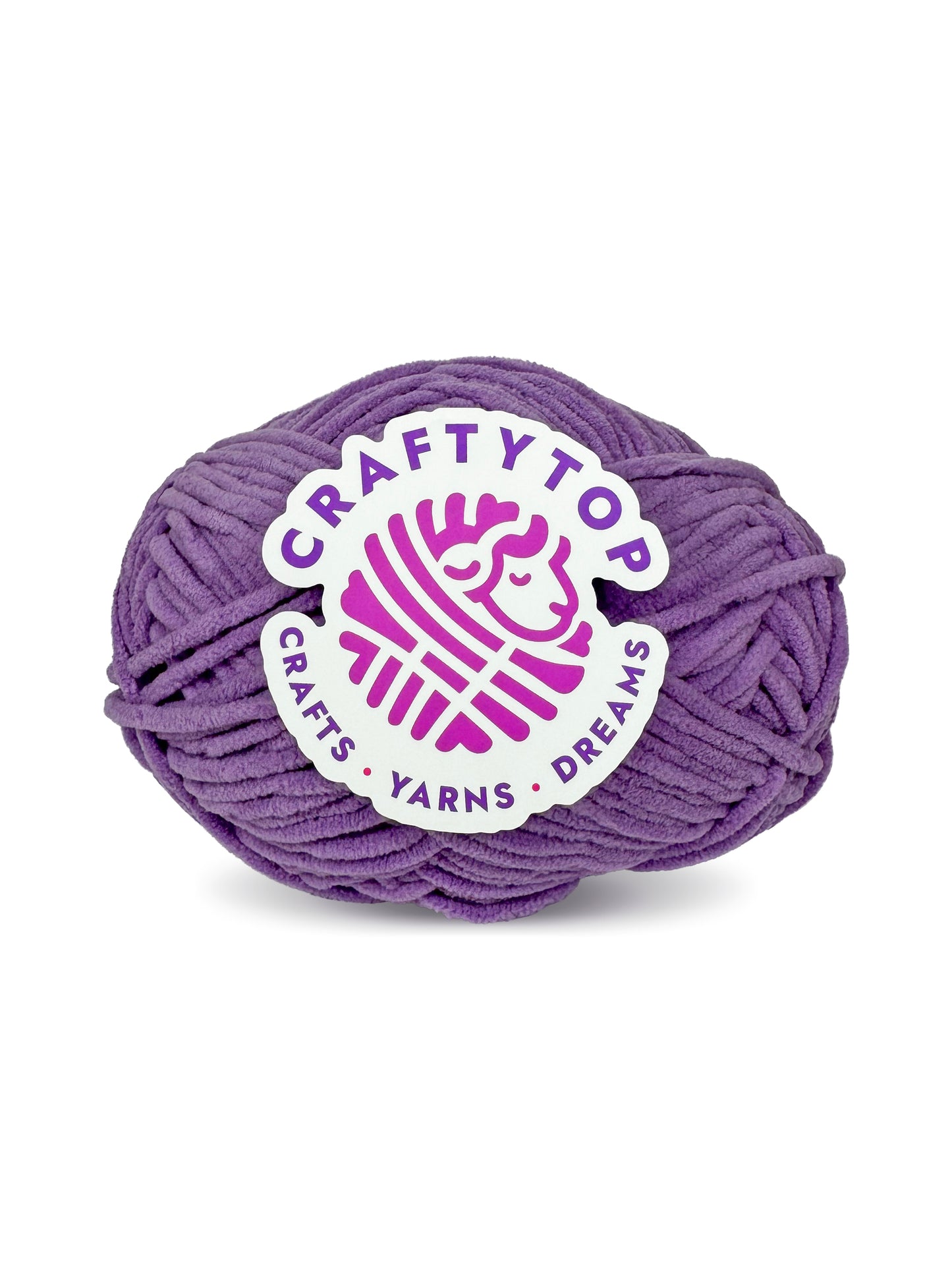 Craftytop velvet yarn skein in Violet Horizon color, a soft purple yarn with a label, perfect for knitting and crochet projects