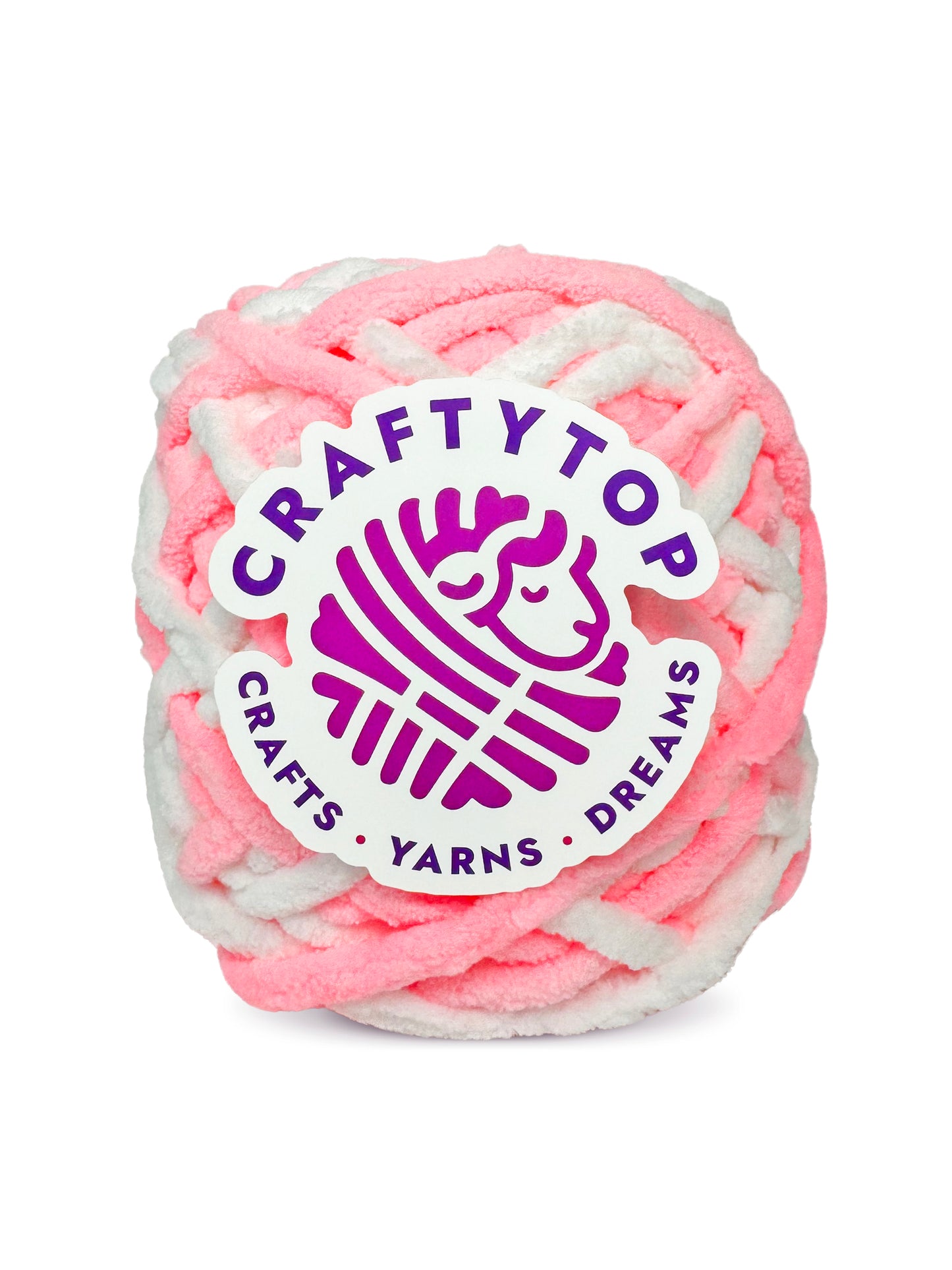 Craftytop super bulky chenille yarn skein in Cotton Candy, a cotton candy pink yarn with a label, ideal for knitting and crochet projects