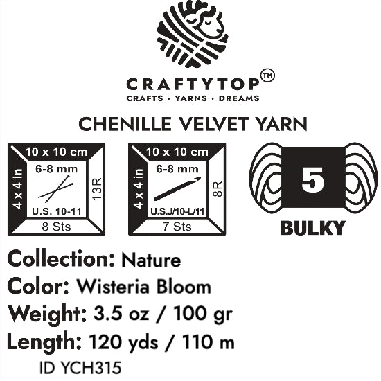 The product label for Craftytop velvet yarn in Wisteria Bloom color, showing detailed product information like weight and care instructions