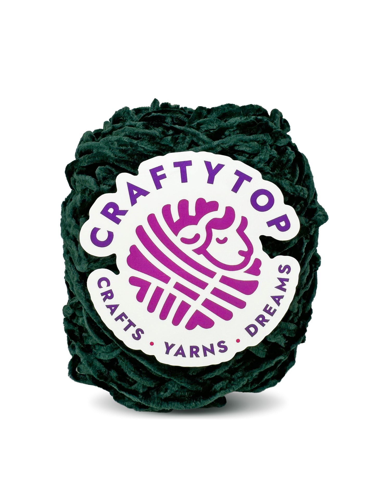 Craftytop logo on worsted baby velvet yarn skein in Cosmos Jungle green