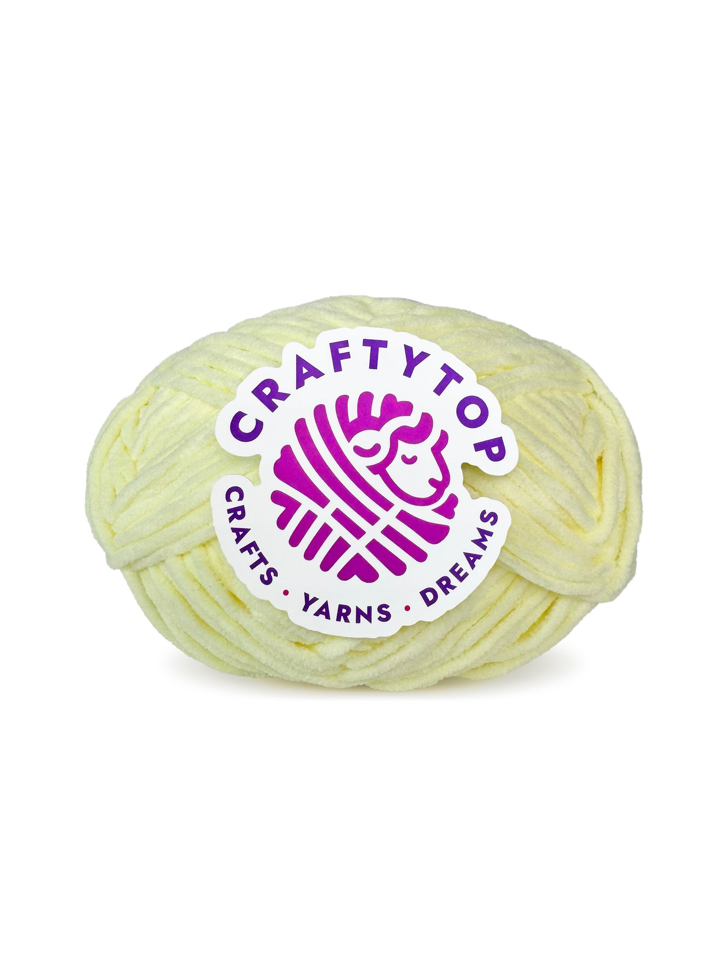 Craftytop velvet yarn skein in Honeycomb Bloom color, a soft light yellow yarn with a label, perfect for knitting and crochet projects