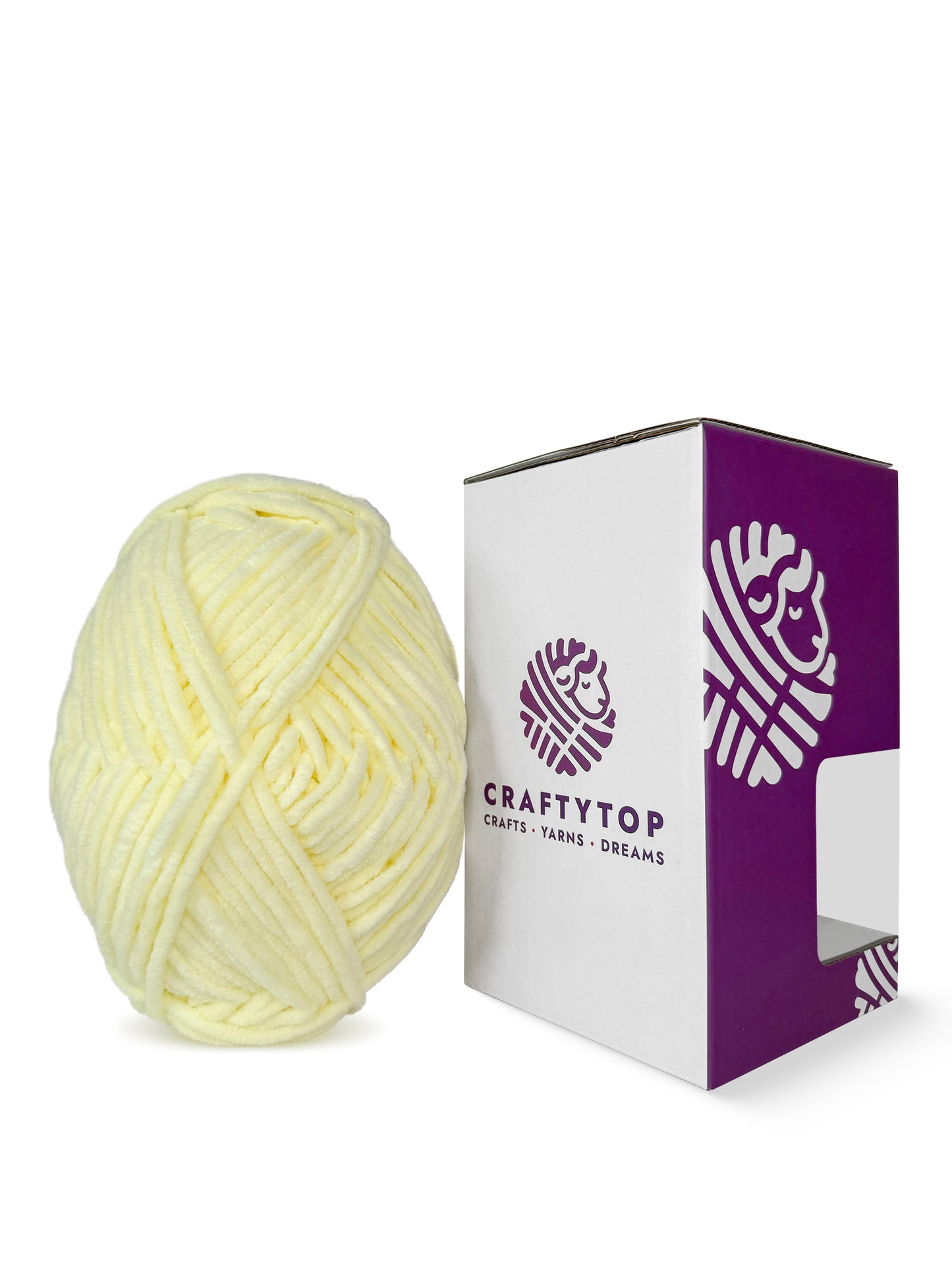 Craftytop velvet yarn in Honeycomb Bloom color displayed outside the box, ideal for creating cozy knitting or crochet designs
