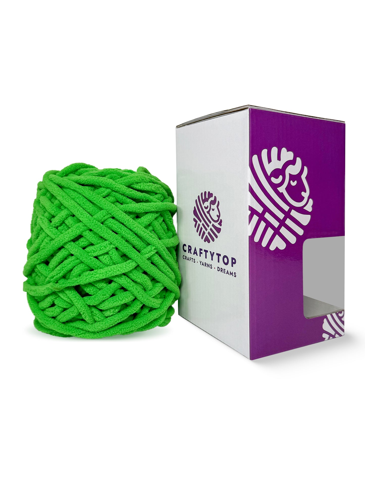 Craftytop Green Spring Touch, a fresh green chenille yarn skein outside the box, showcasing its thick and velvety fibers for knitting