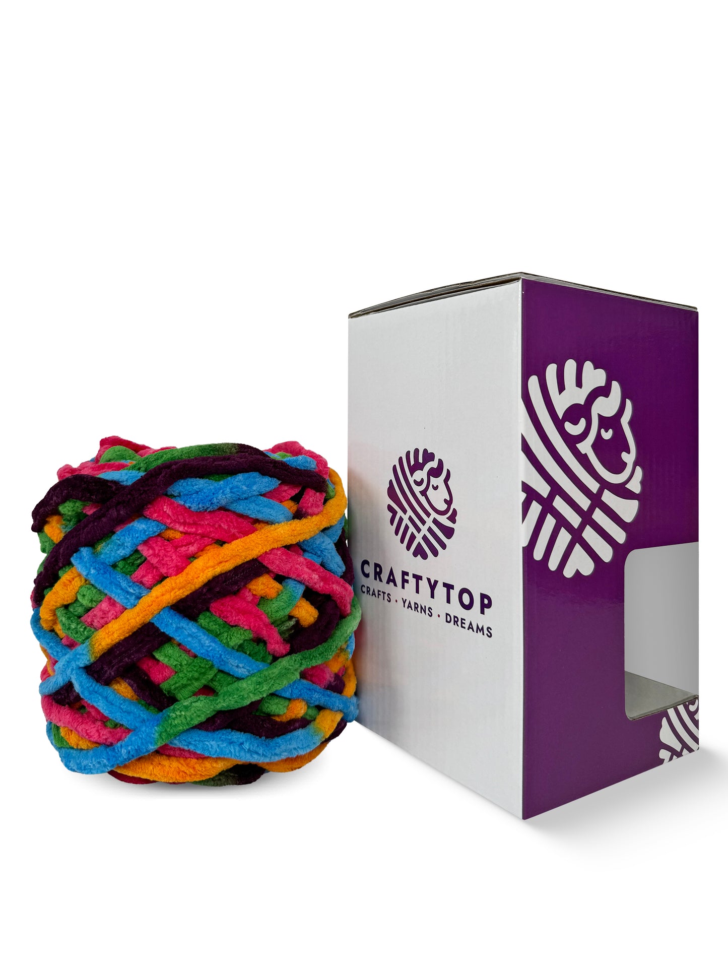 Craftytop Sunrise Temptation, a multicolor chenille yarn skein outside the box, showcasing its thick and velvety fibers for knitting