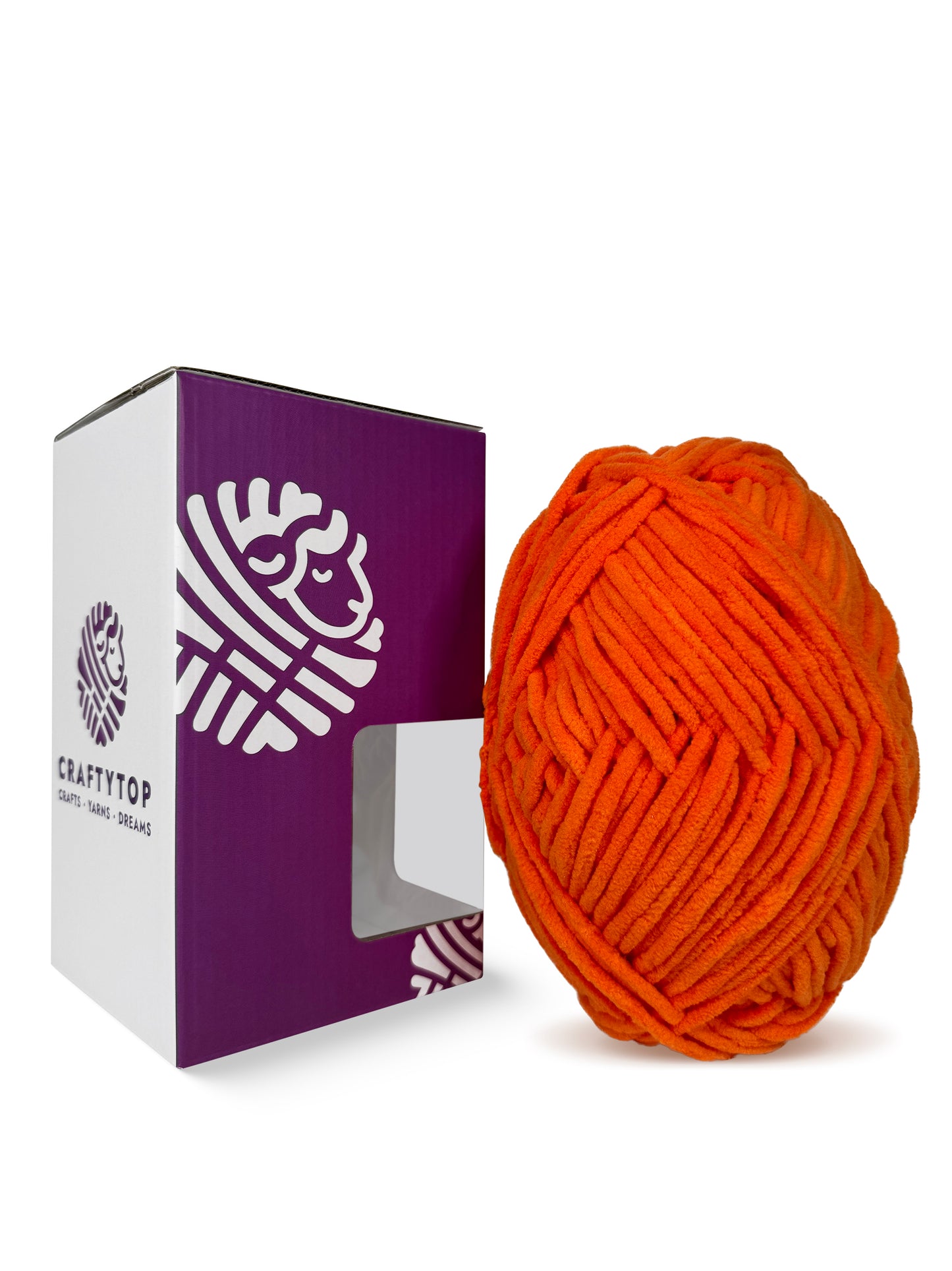 Craftytop velvet yarn in Pumpkin Patch color displayed outside the box, ideal for creating cozy knitting or crochet designs