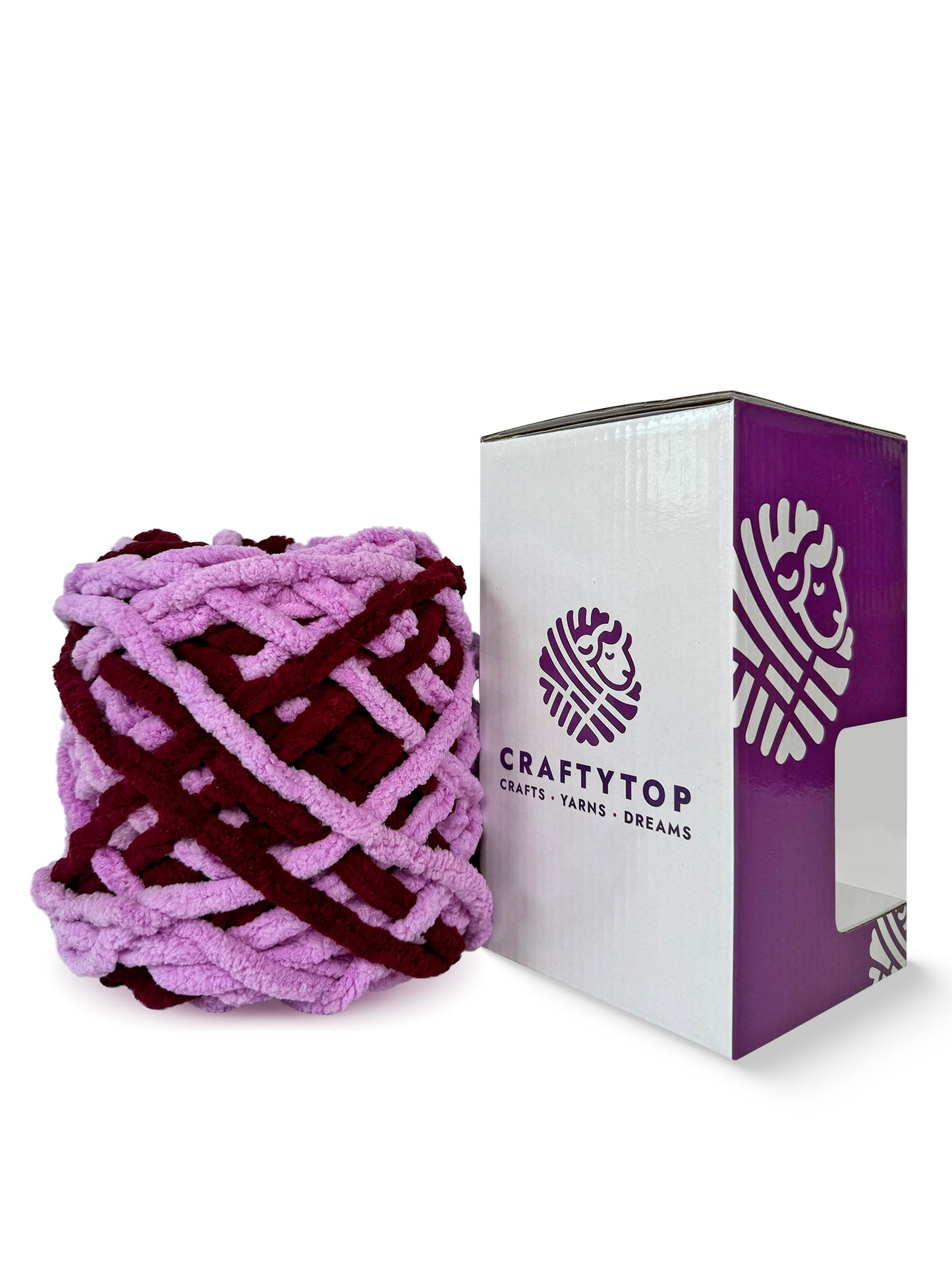 Craftytop Cherry Blossom, a purple multicolor chenille yarn skein outside the box, showcasing its thick and velvety fibers for knitting