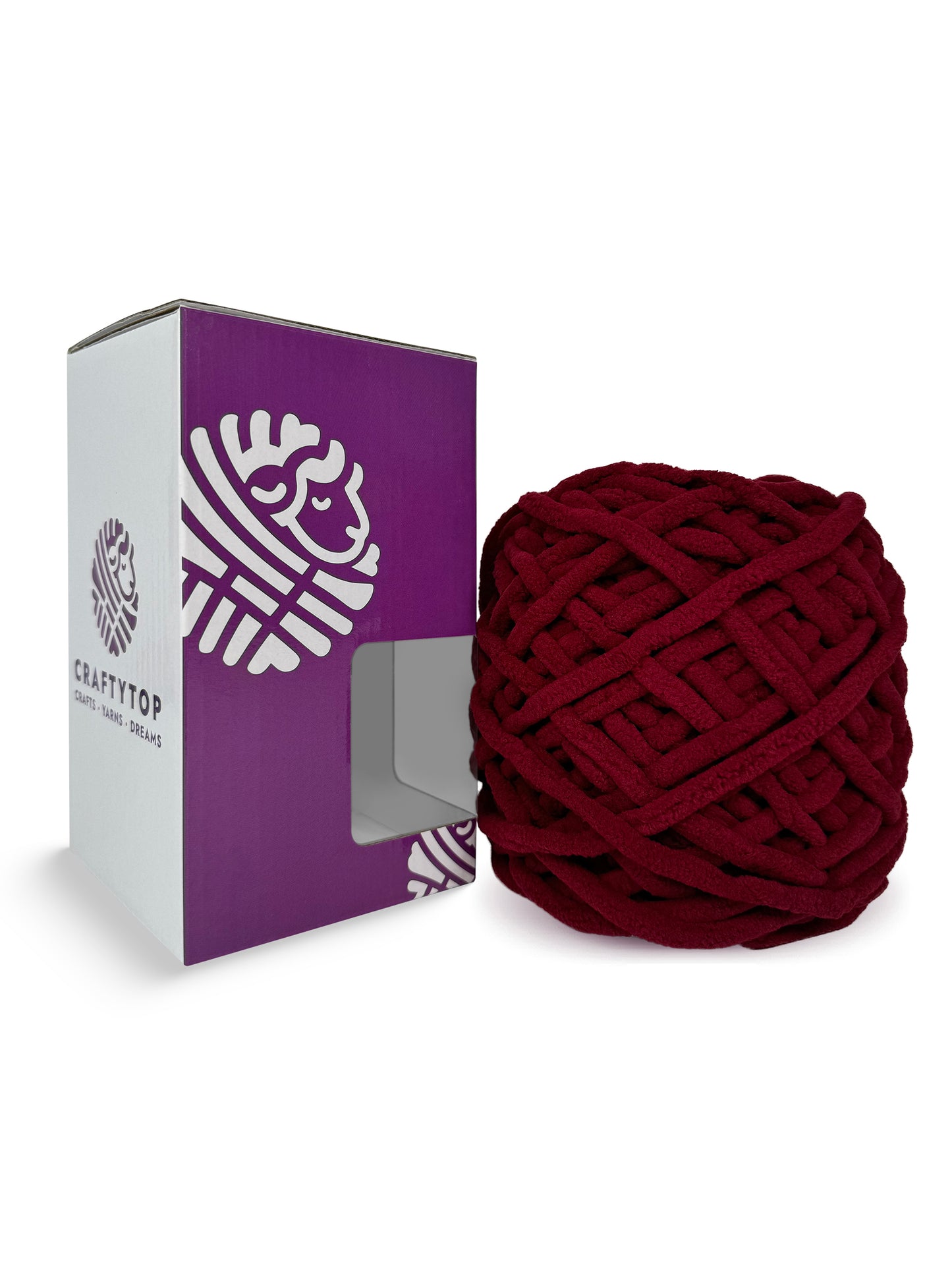 Ruby Romance, a romantic bright red chenille yarn skein by Craftytop displayed outside the packaging, suitable for crafting blankets and scarves