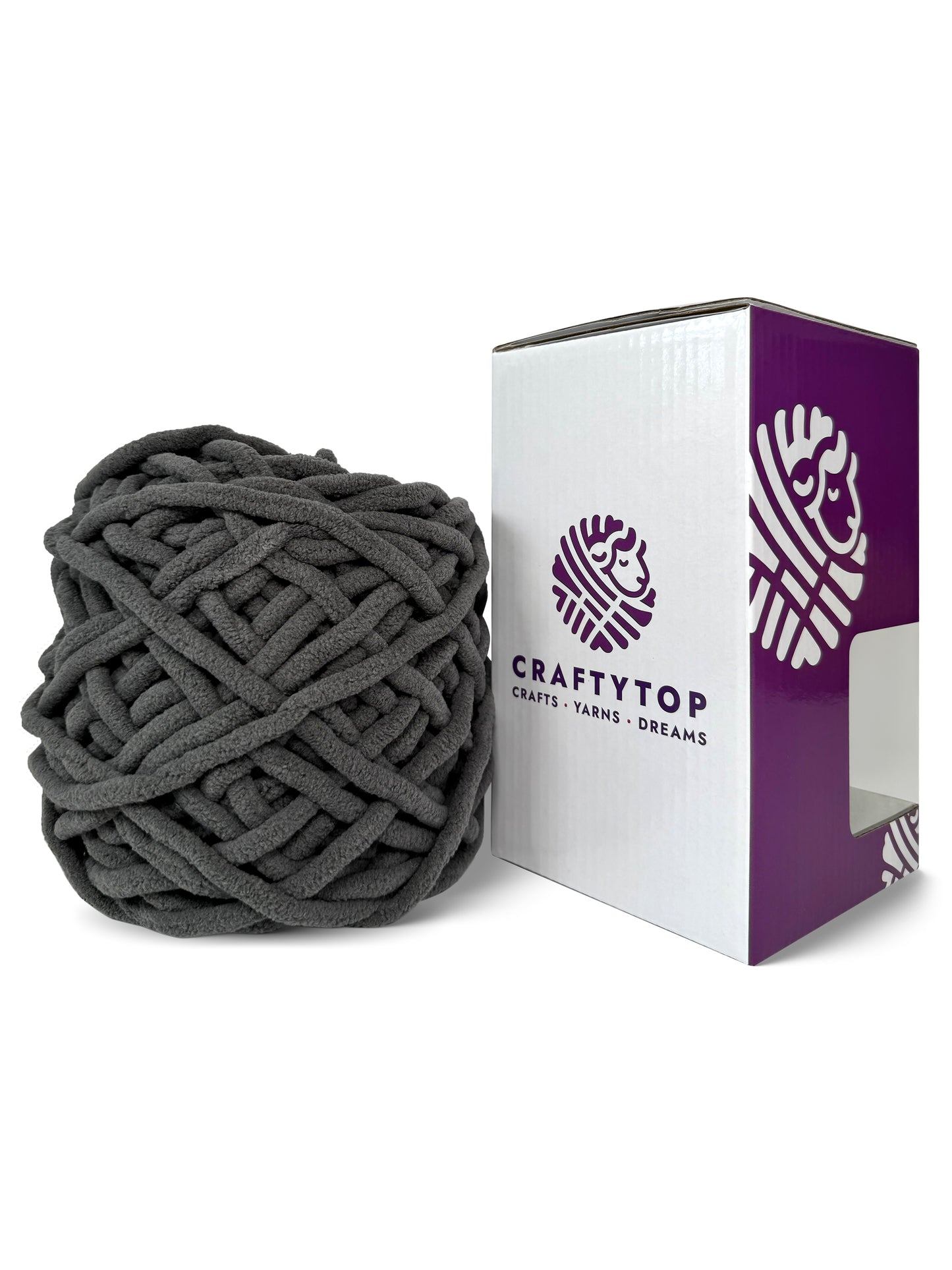 Craftytop Platinum Promise, a gray chenille yarn skein outside the box, showcasing its thick and velvety fibers for knitting