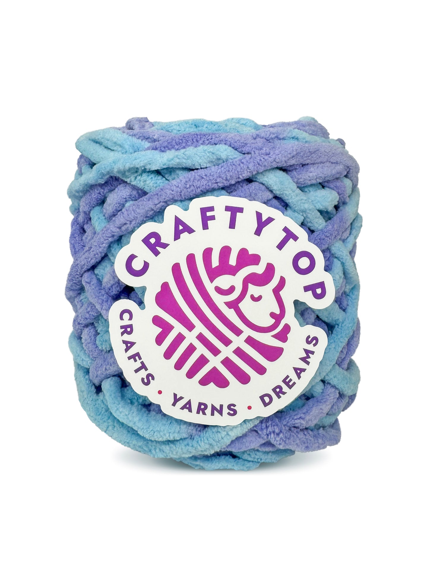 Craftytop super bulky chenille yarn skein in Sky & Sea, a blue tones yarn with a label, ideal for knitting and crochet projects