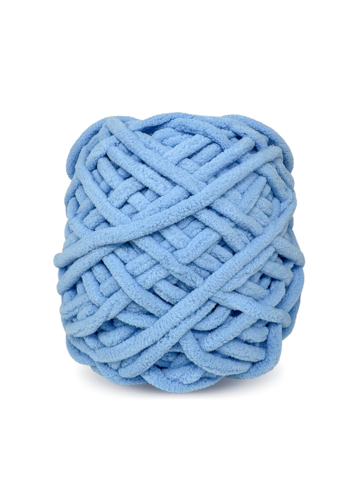 Close-up of Craftytop Ice Blue Tenderness, a tender ice blue chenille yarn skein, highlighting its soft texture and plush fibers