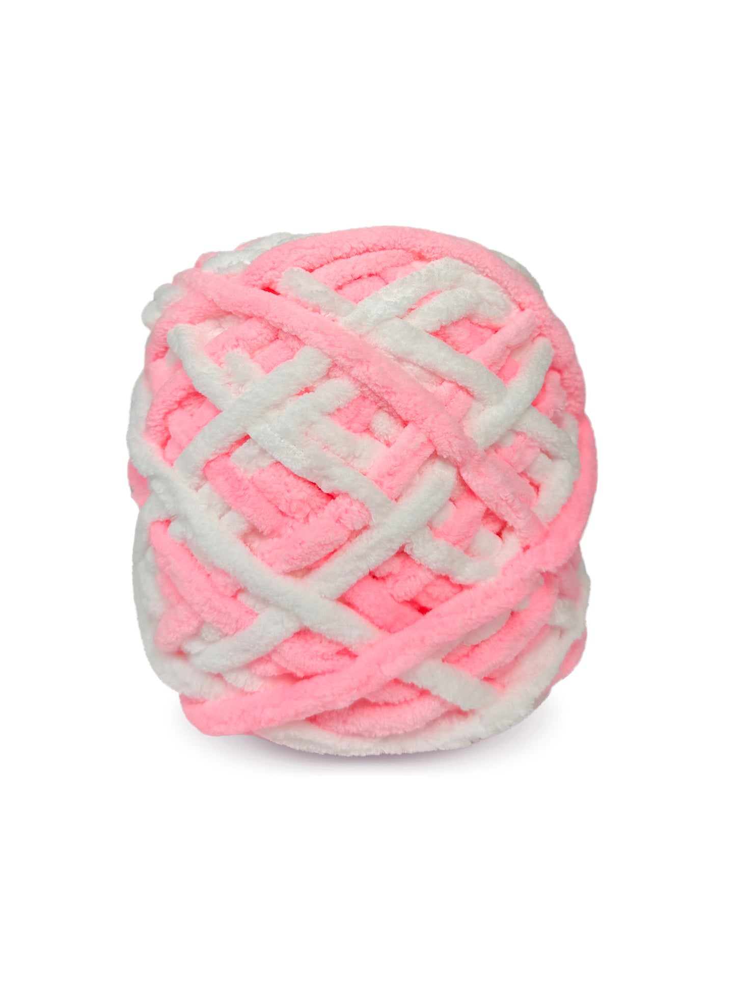 Close-up of Craftytop Cotton Candy, a cotton candy pink chenille yarn skein, highlighting its soft texture and plush fibers