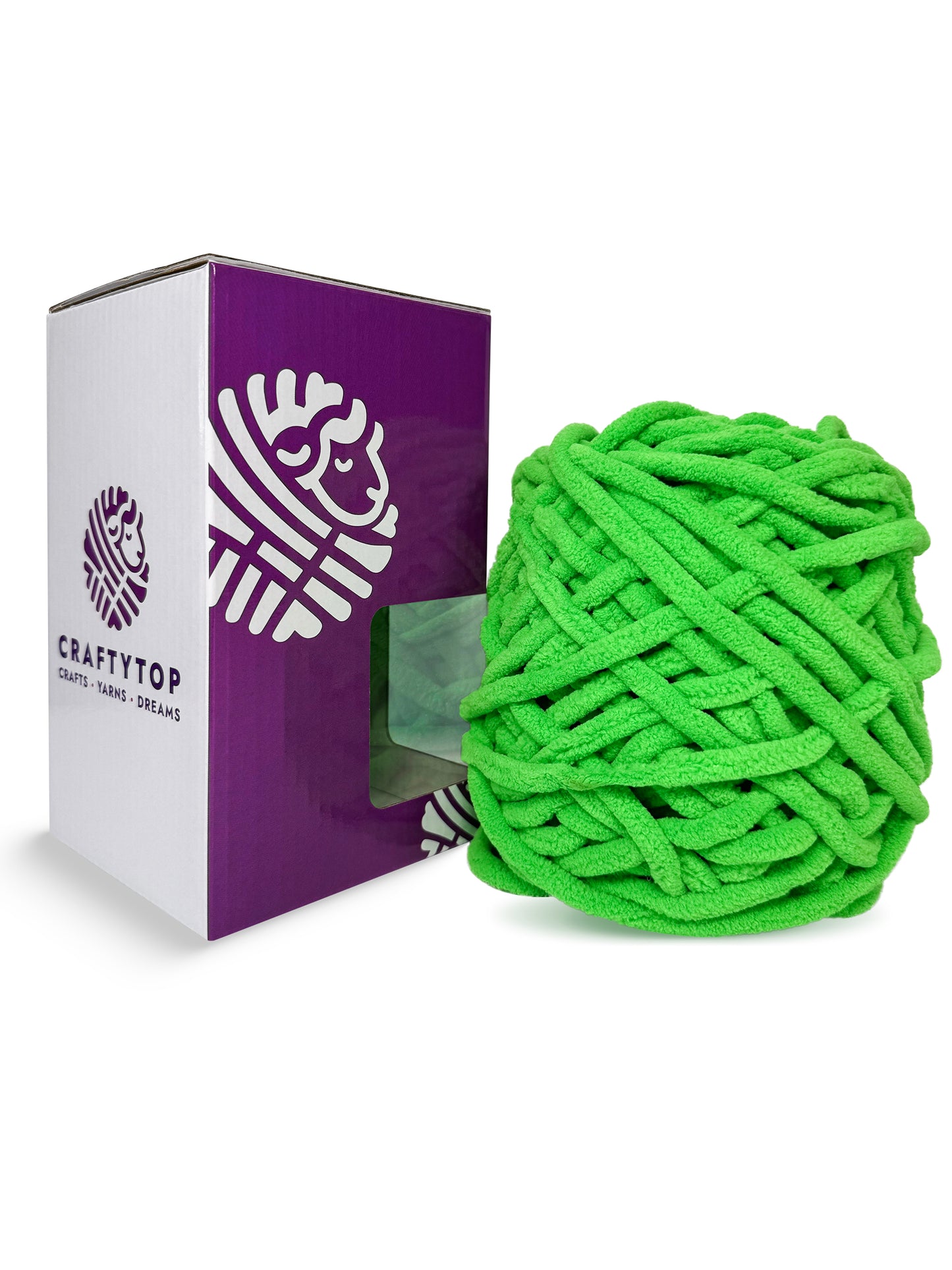 Green Spring Touch, a fresh green chenille yarn skein by Craftytop displayed outside the packaging, suitable for crafting blankets and scarves