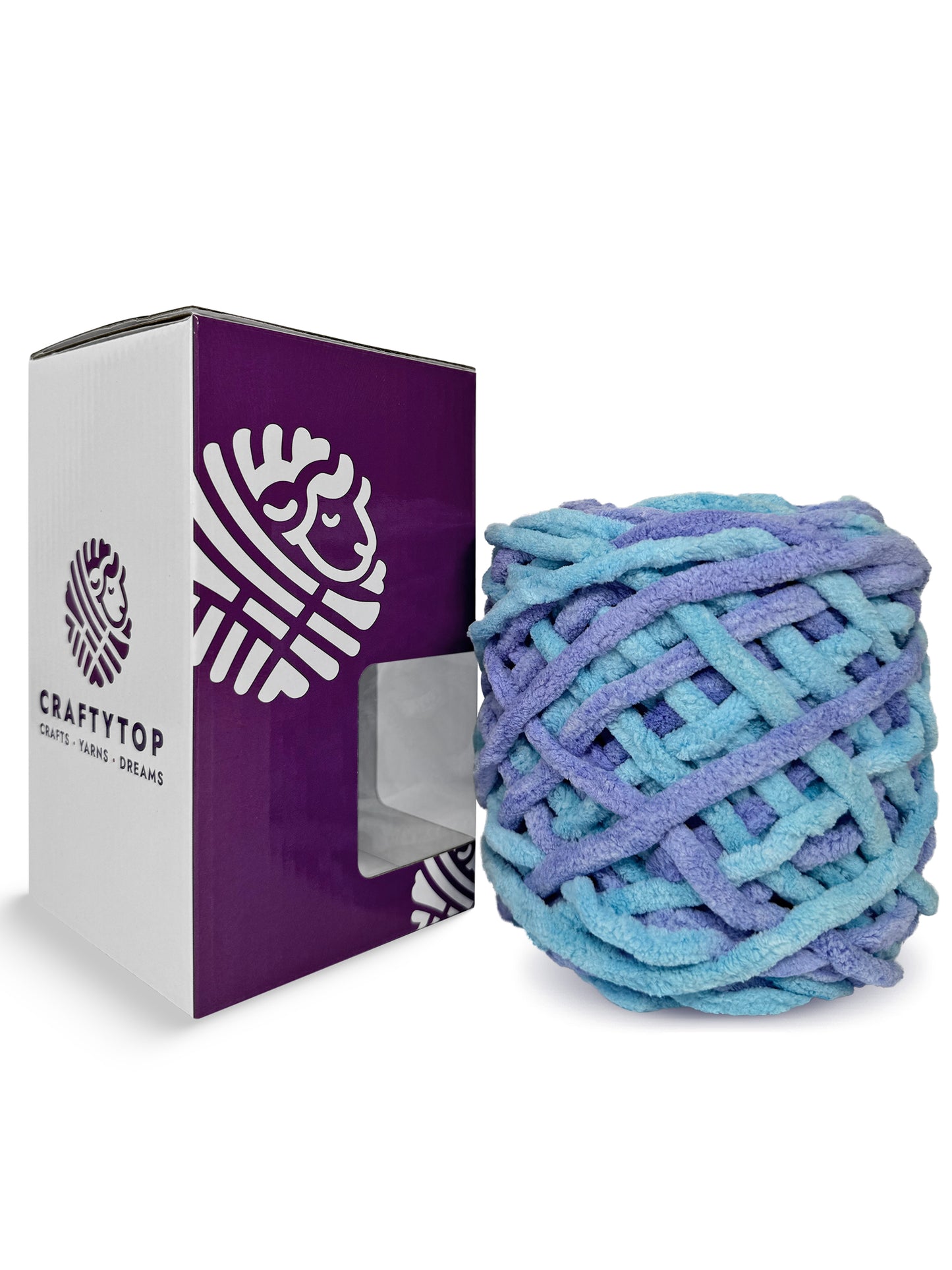 Sky & Sea, multicolor chenille yarn skein by Craftytop displayed outside the packaging, suitable for crafting blankets and scarves