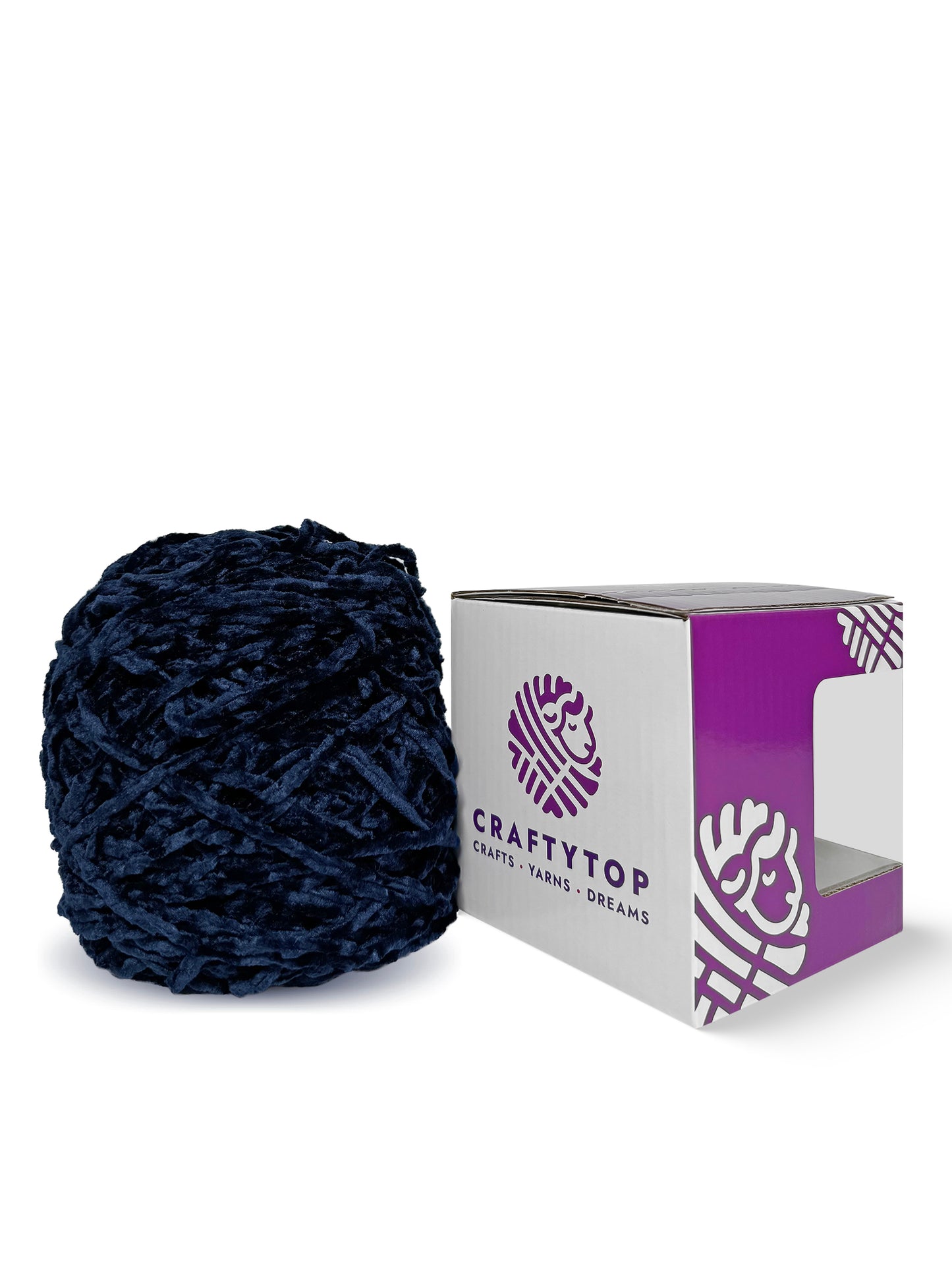 Craftytop navy blue yarn skein next to branded box – Starless Night Sky